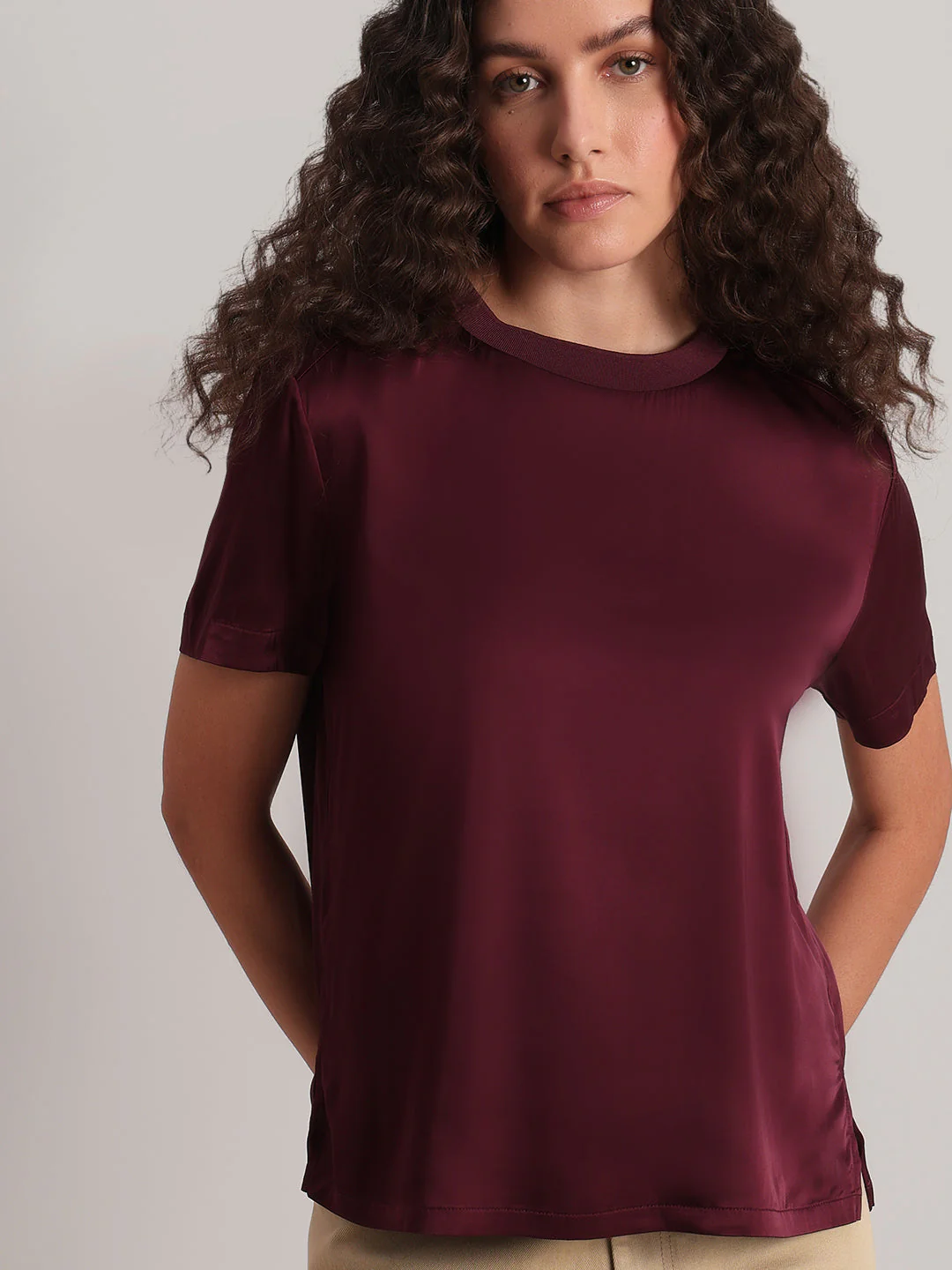 Burgundy Satin Crew-Neck Top - Image 6