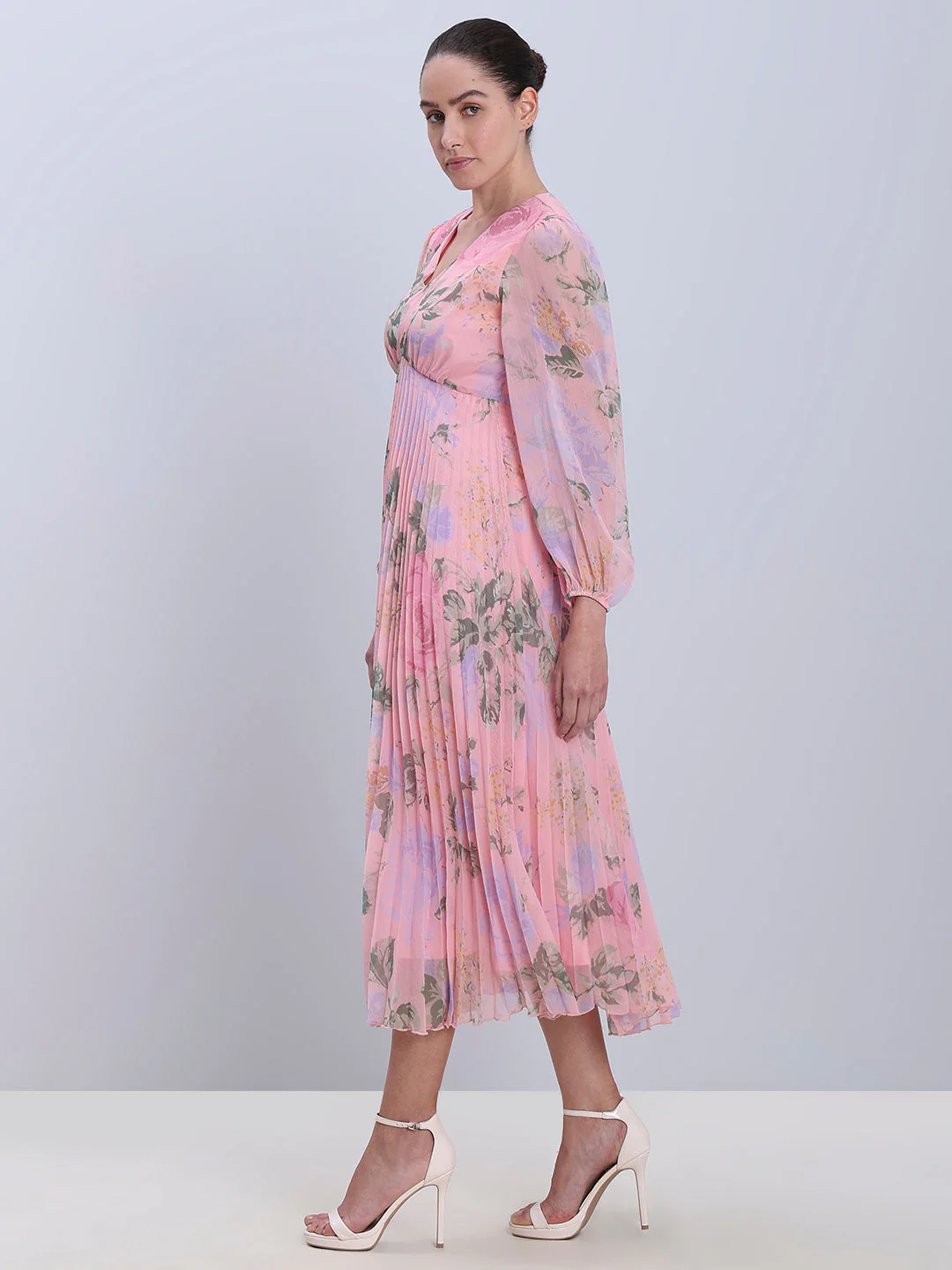 Pink Floral Pleated Dress - Image 3