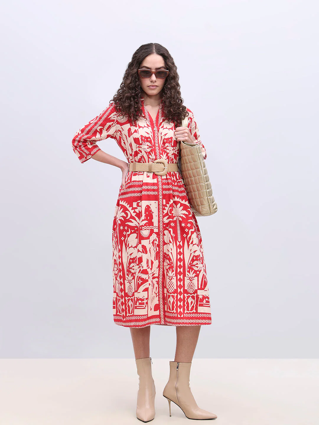 Ecru Printed Belted Shirt Dress