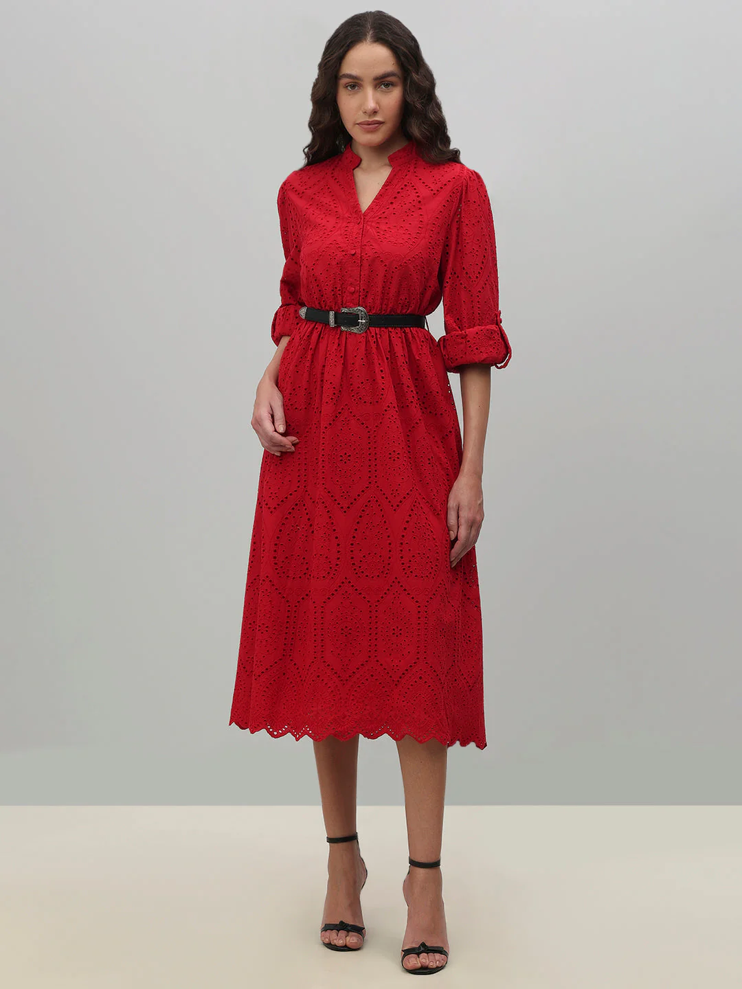 Red Broderie Anglaise Belted Midi Dress - Image 2