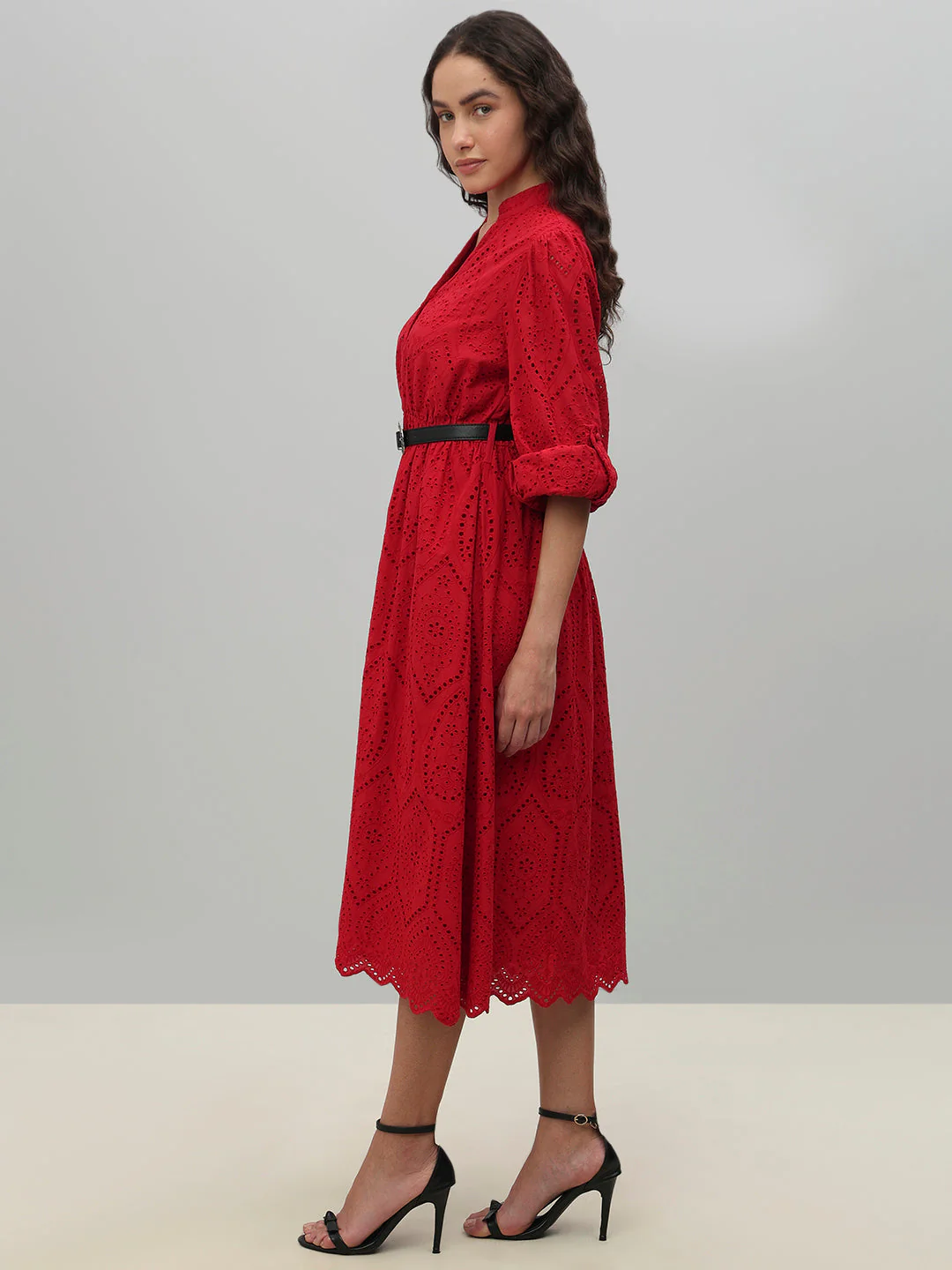 Red Broderie Anglaise Belted Midi Dress - Image 3