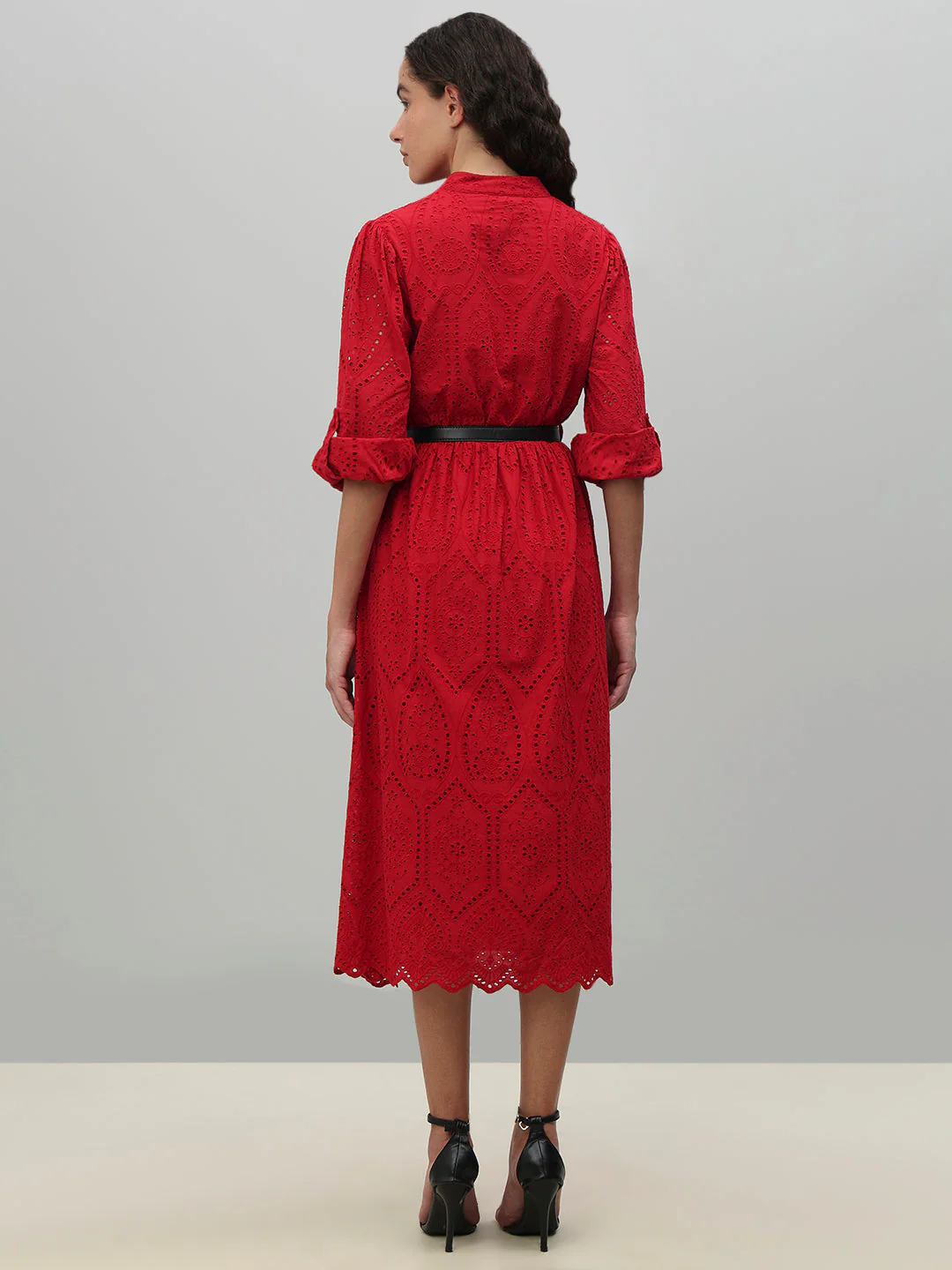 Red Broderie Anglaise Belted Midi Dress - Image 4