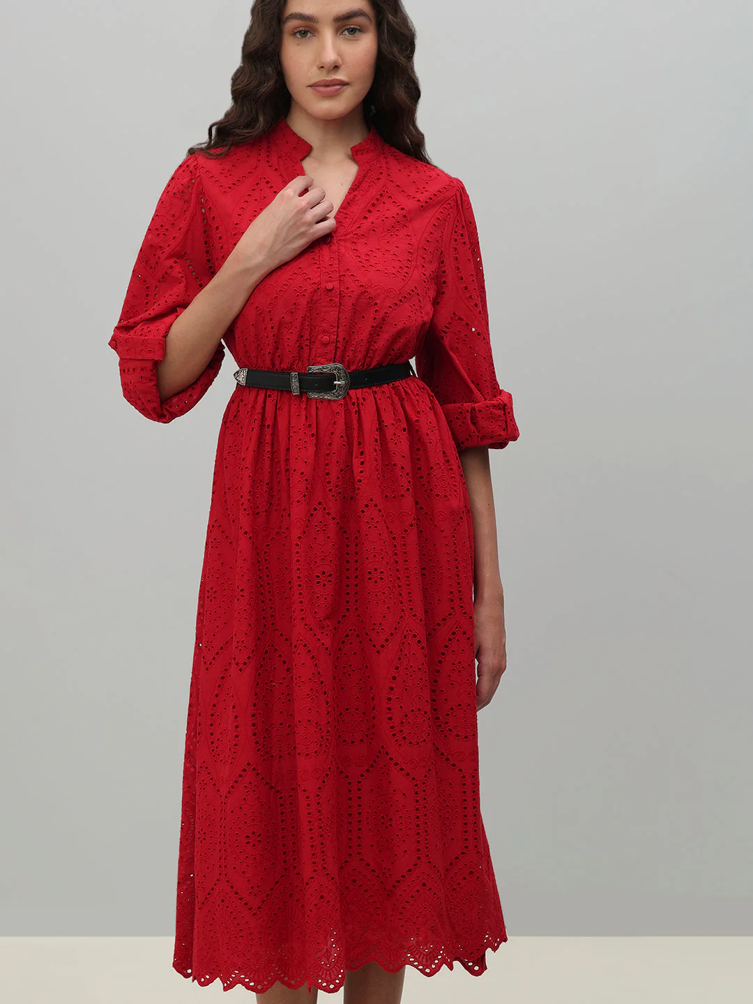 Red Broderie Anglaise Belted Midi Dress - Image 5