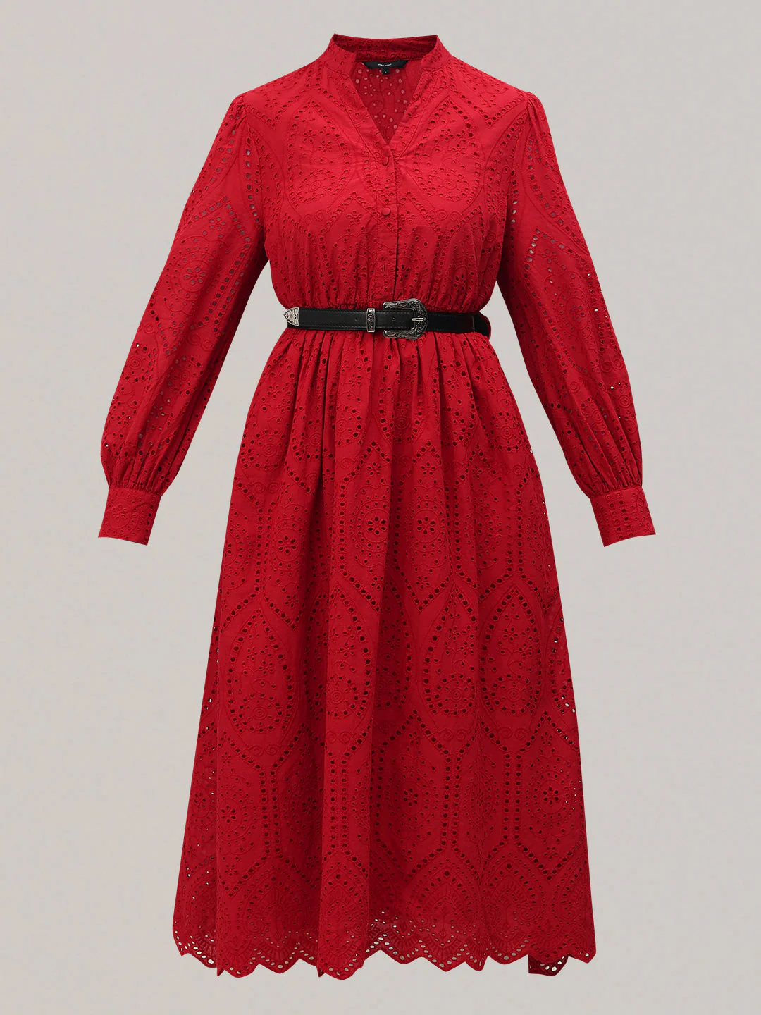 Red Broderie Anglaise Belted Midi Dress - Image 7