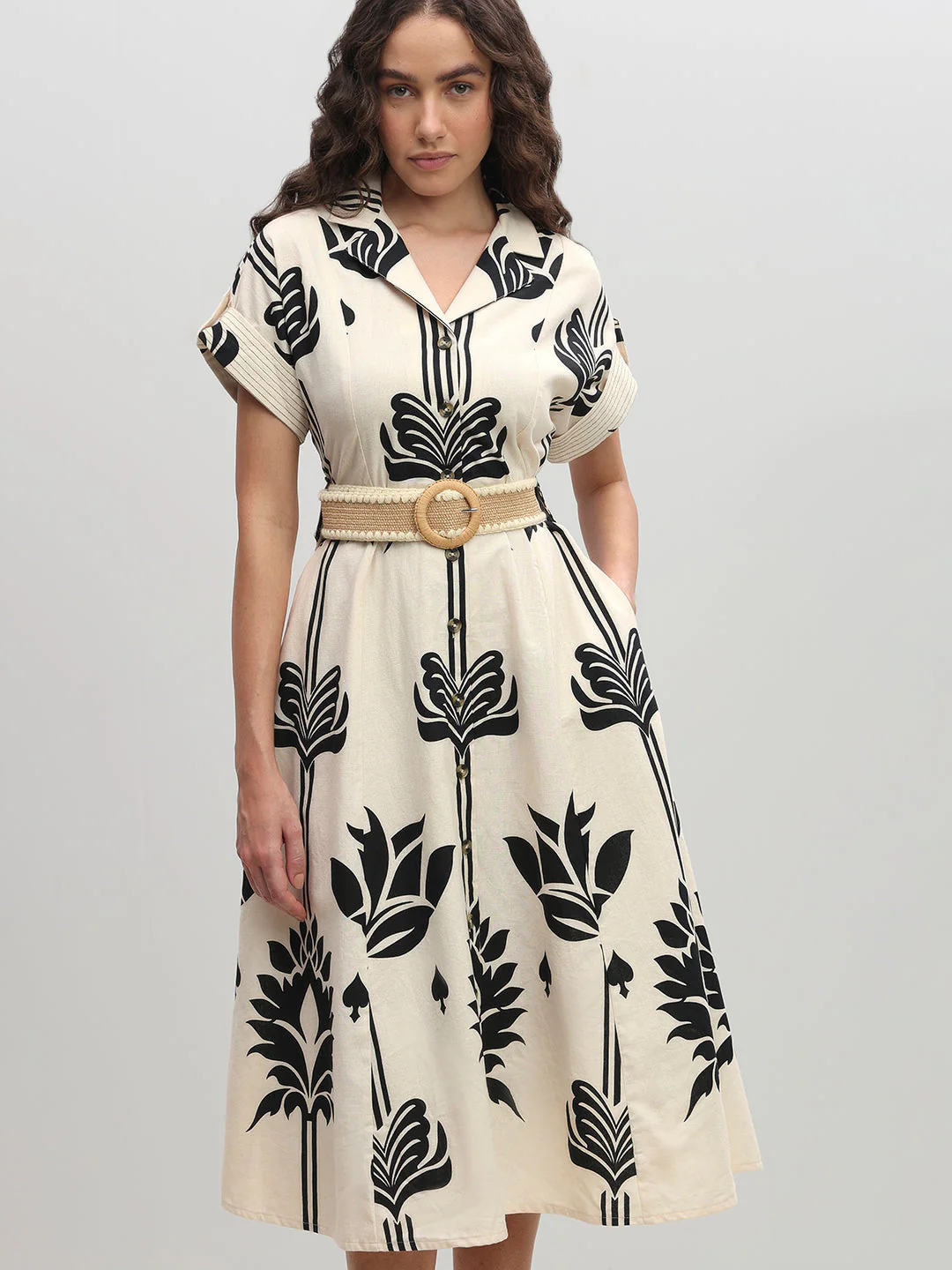 Ecru Printed Belted Shirt Dress - Image 5