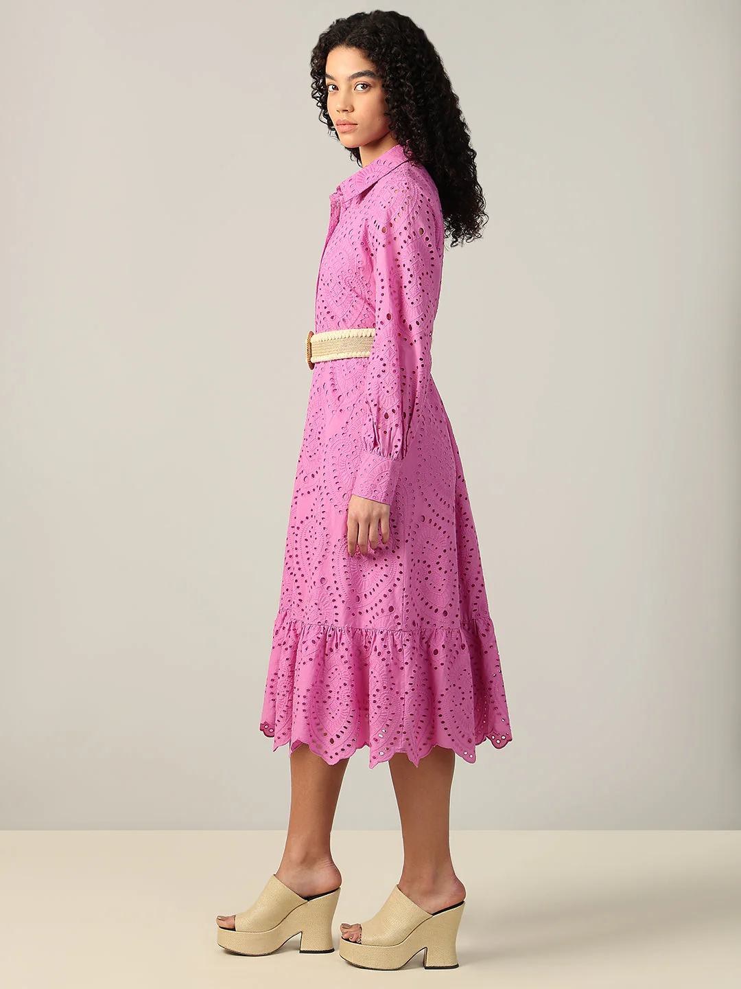 Embroidered Cotton Shirt Dress - Pink - Image 3