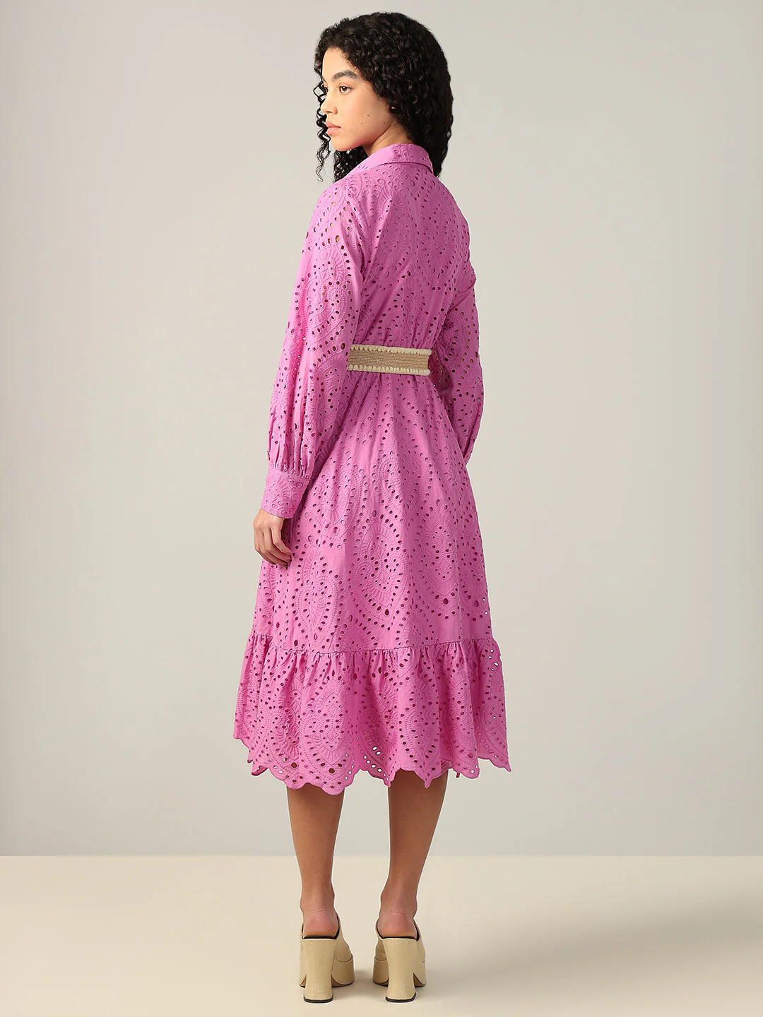 Embroidered Cotton Shirt Dress - Pink - Image 4