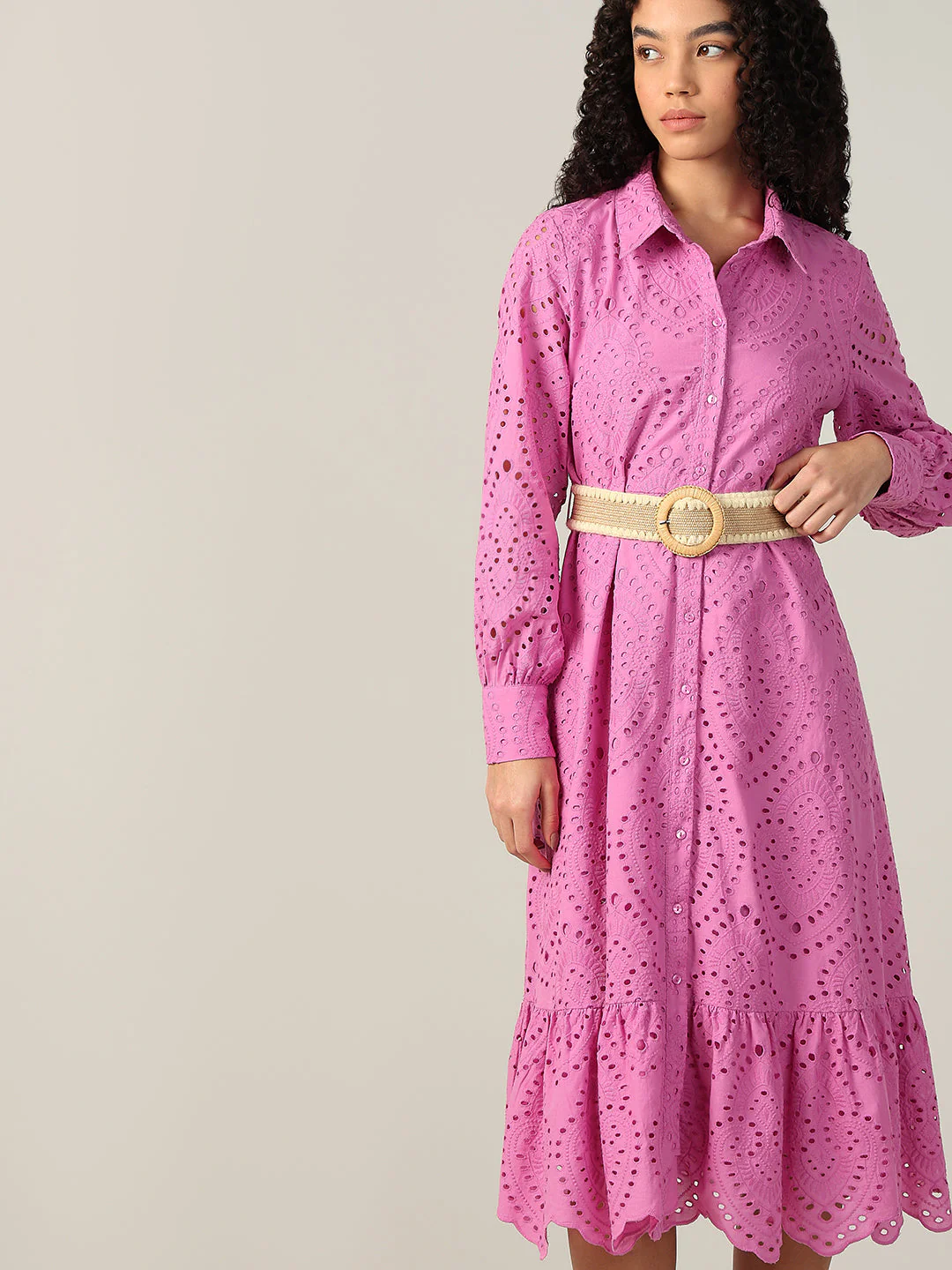 Embroidered Cotton Shirt Dress - Pink - Image 5