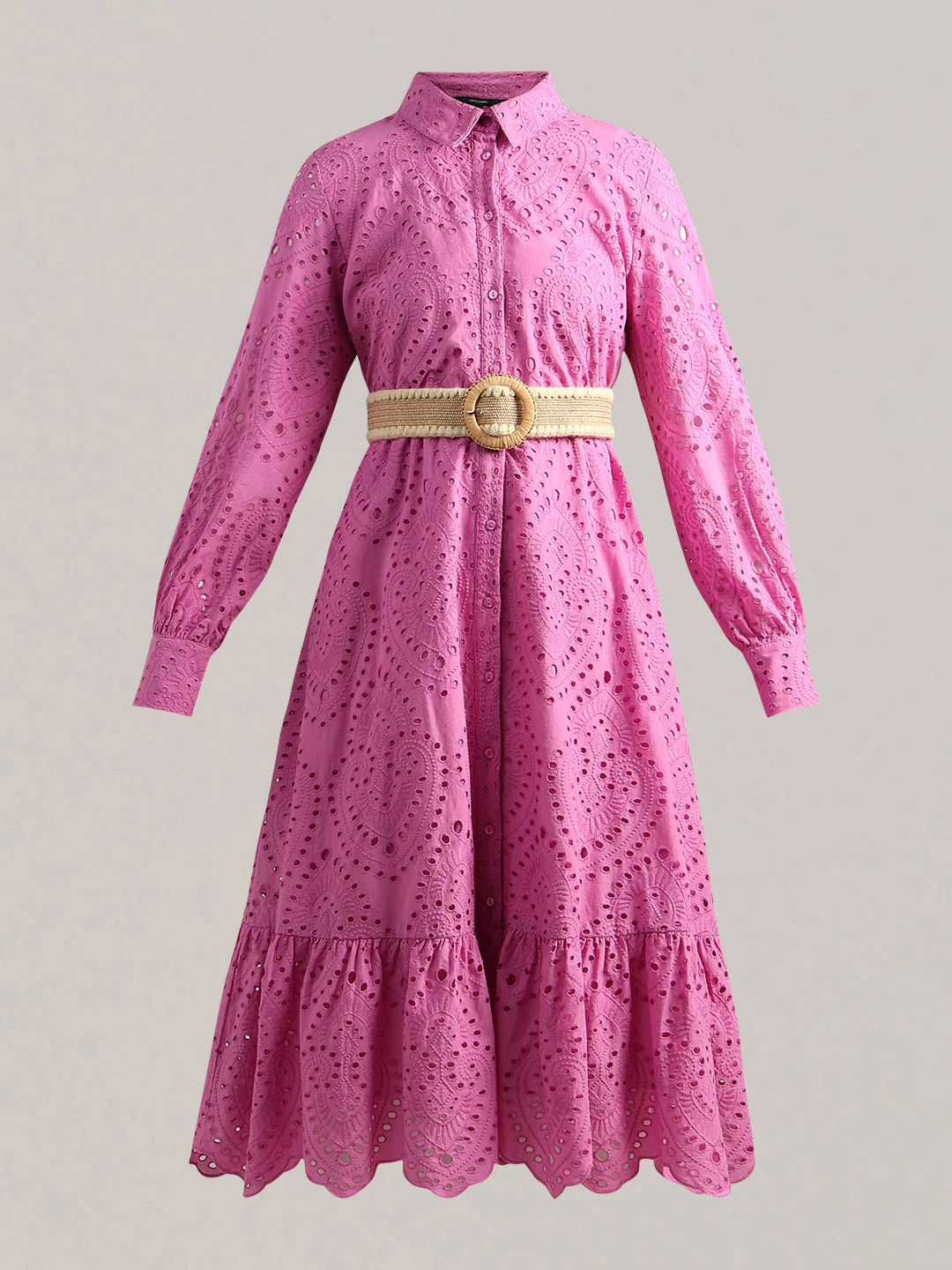Embroidered Cotton Shirt Dress - Pink - Image 7