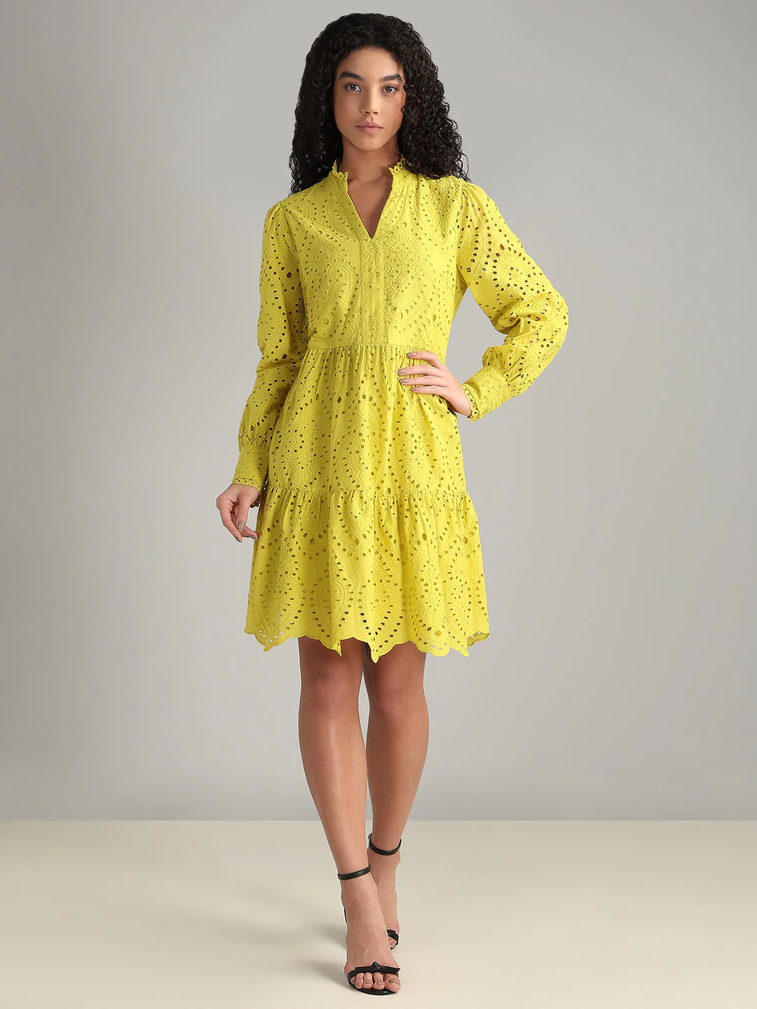 Yellow V-Neck Mini Dress - Image 5