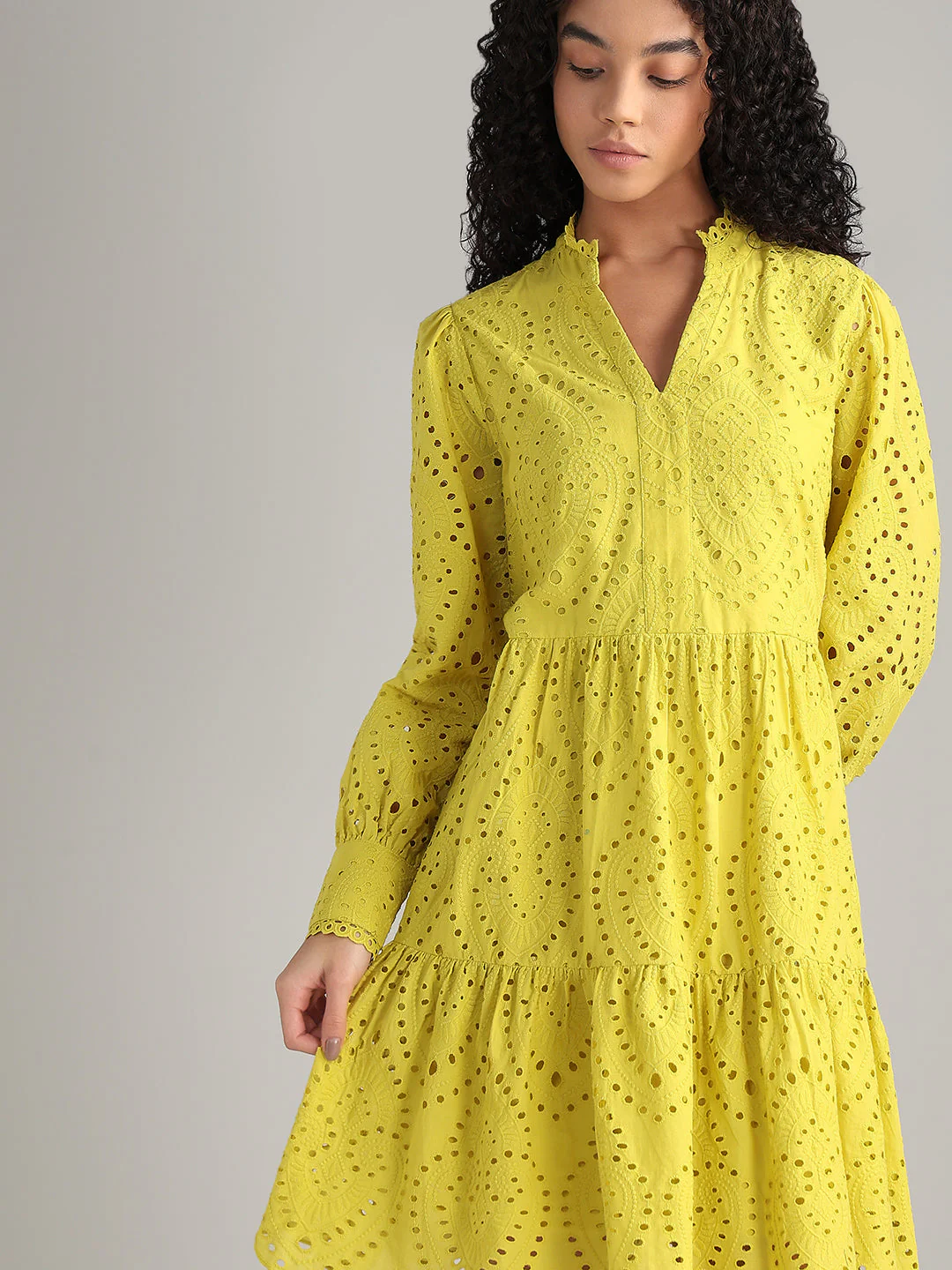 Yellow V-Neck Mini Dress - Image 6