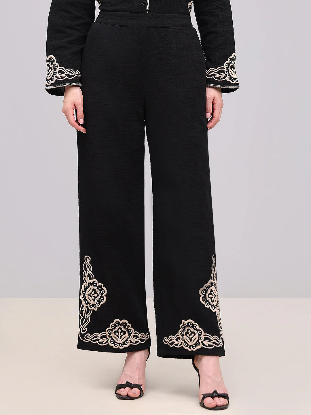 Black Embroidered Print Pants - Image 2