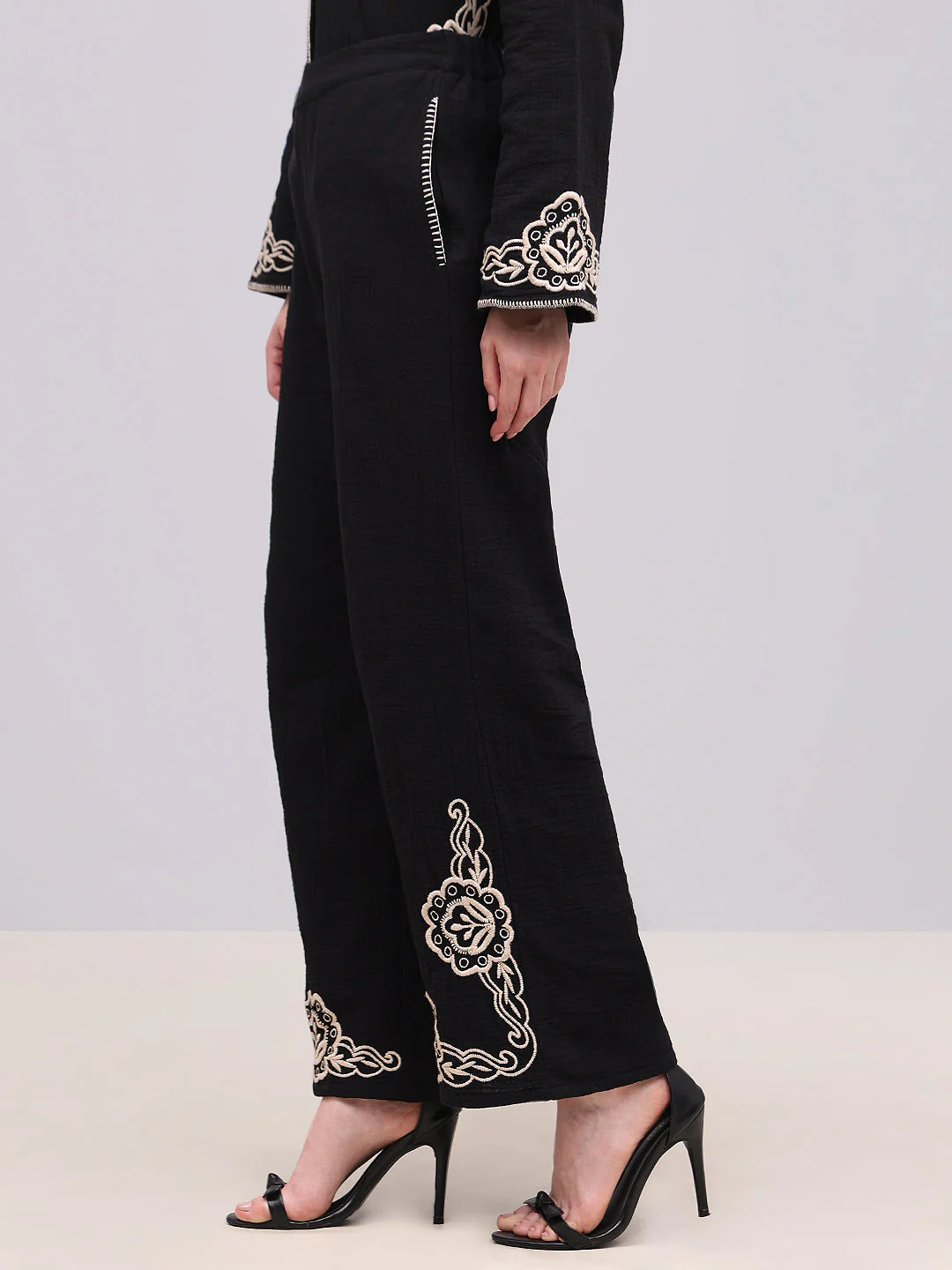 Black Embroidered Print Pants - Image 3