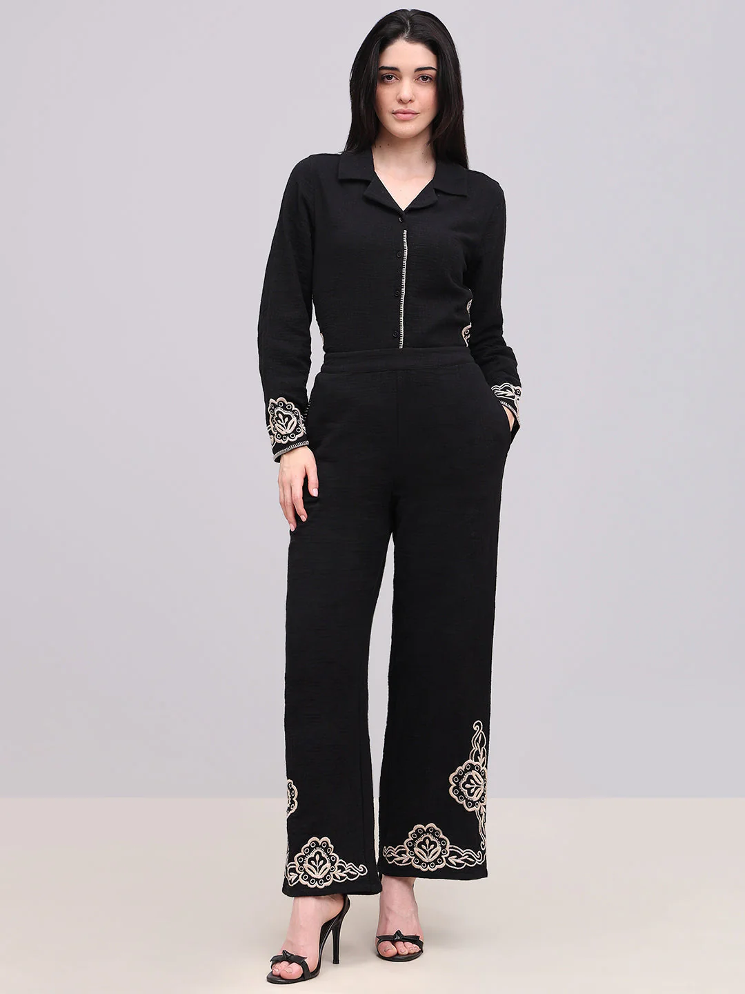 Black Embroidered Print Pants - Image 5