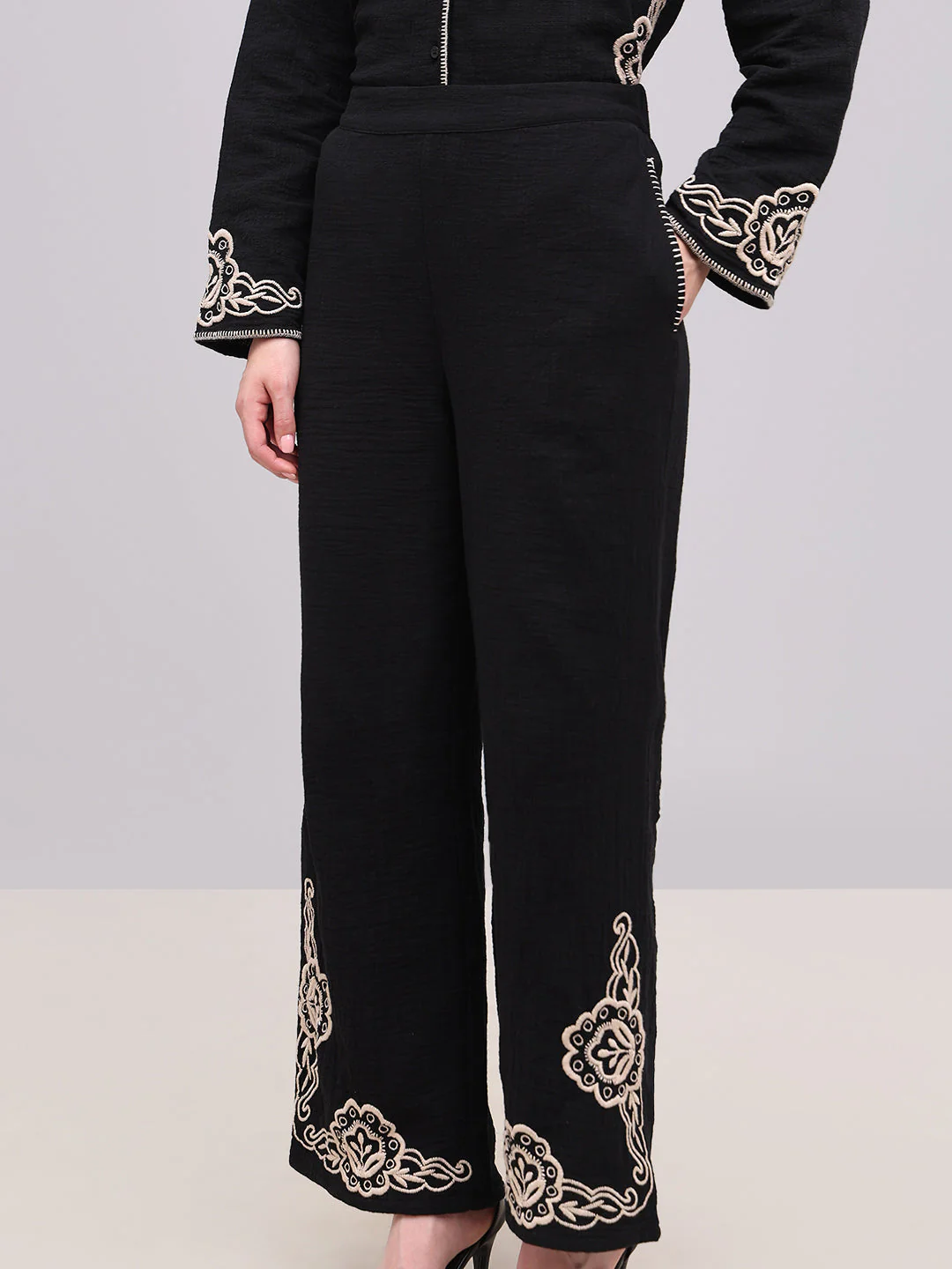 Black Embroidered Print Pants - Image 6
