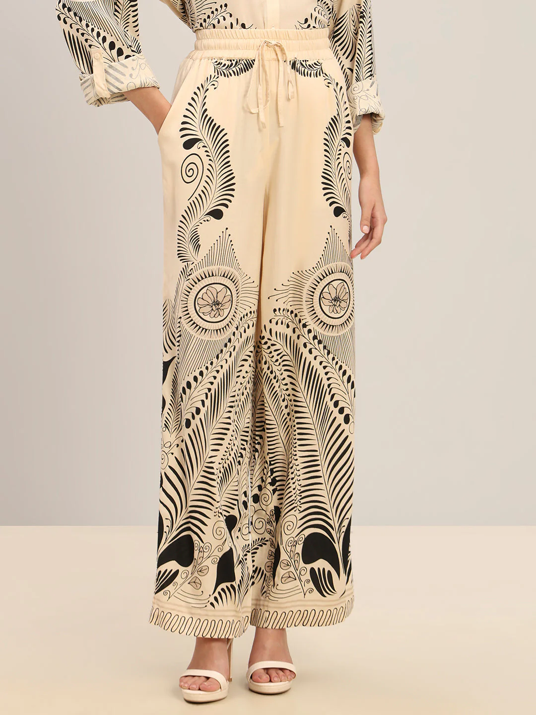 Beige Printed Wide Leg Pants - Image 2