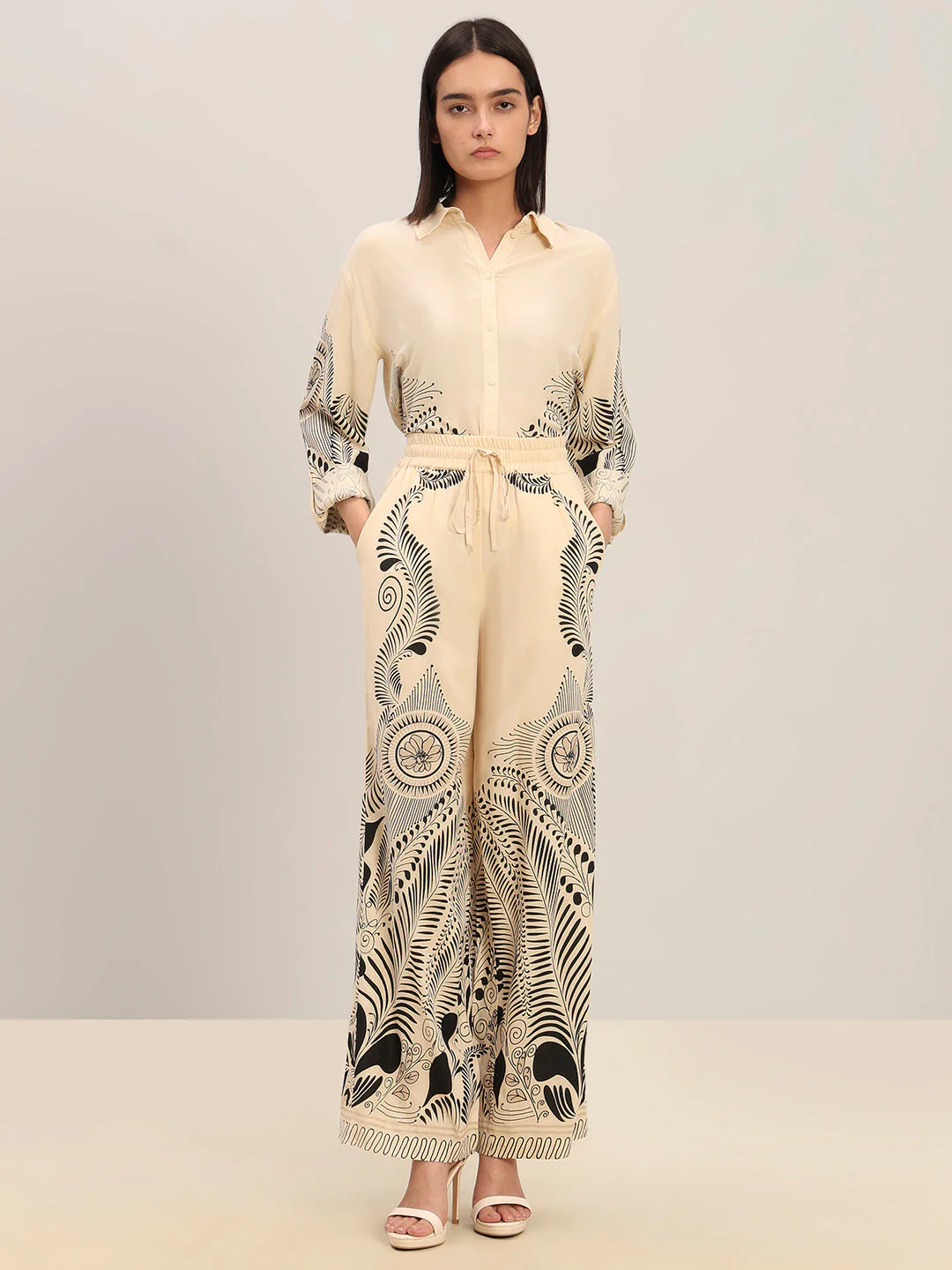 Beige Printed Wide Leg Pants - Image 5