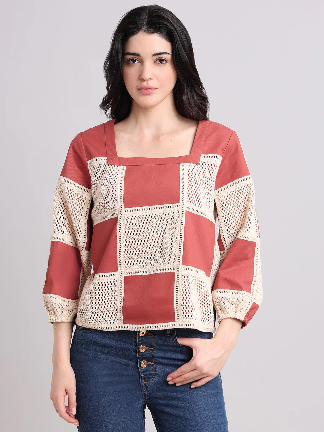 Colourblocked Crochet Detail Top - Image 2