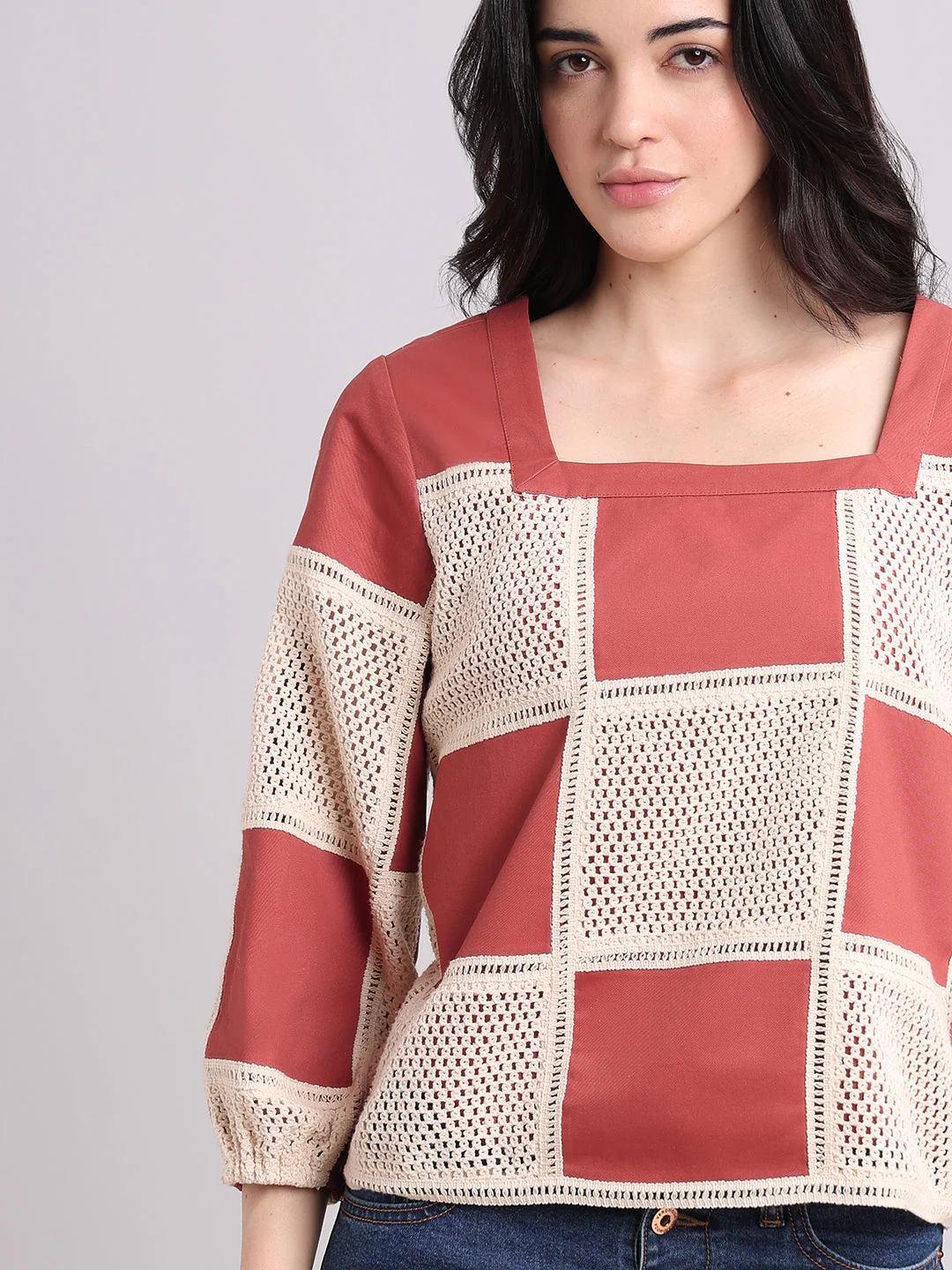 Colourblocked Crochet Detail Top - Image 6