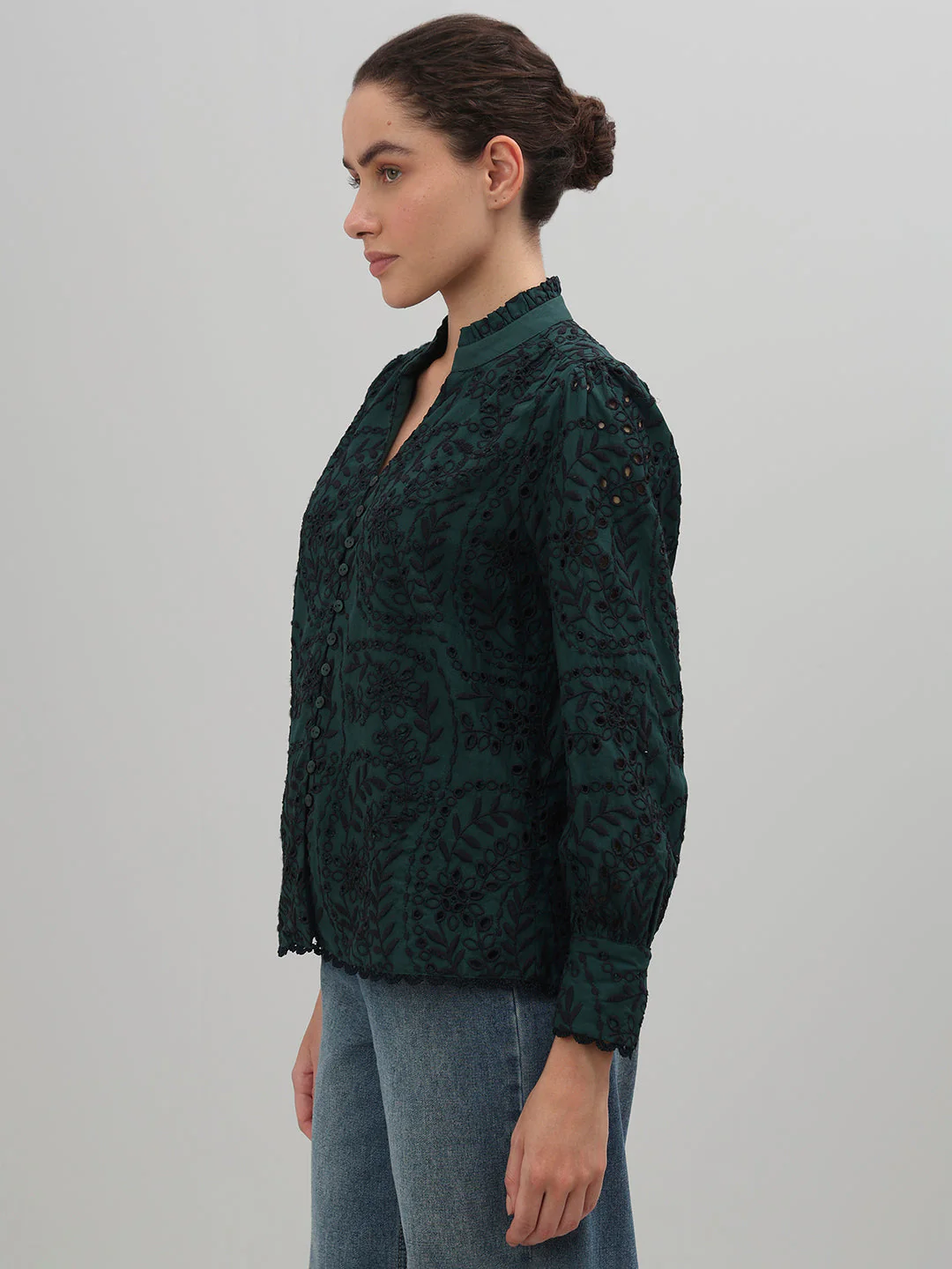 Dark Green Lace Cotton Shirt - Image 3