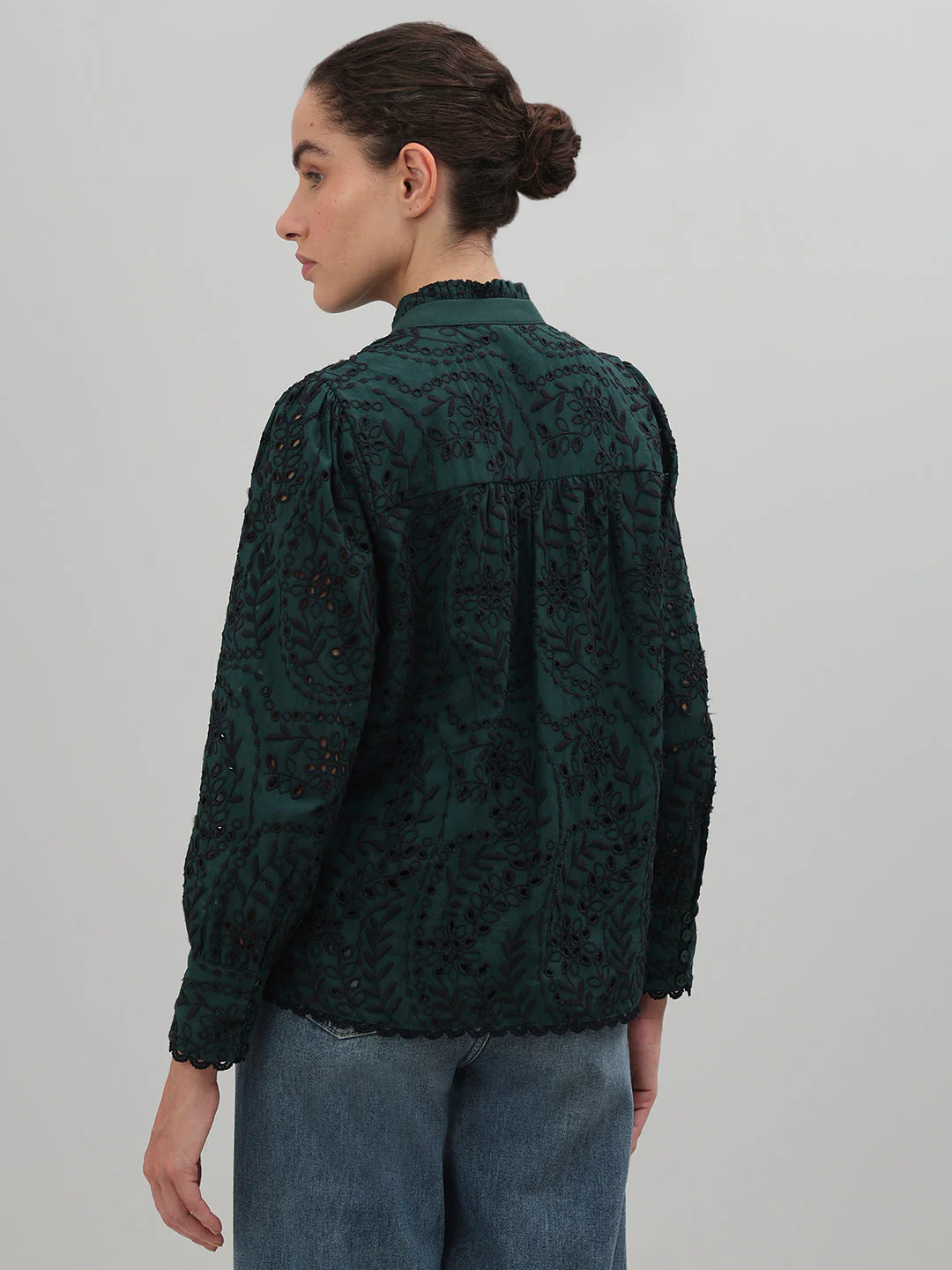 Dark Green Lace Cotton Shirt - Image 4