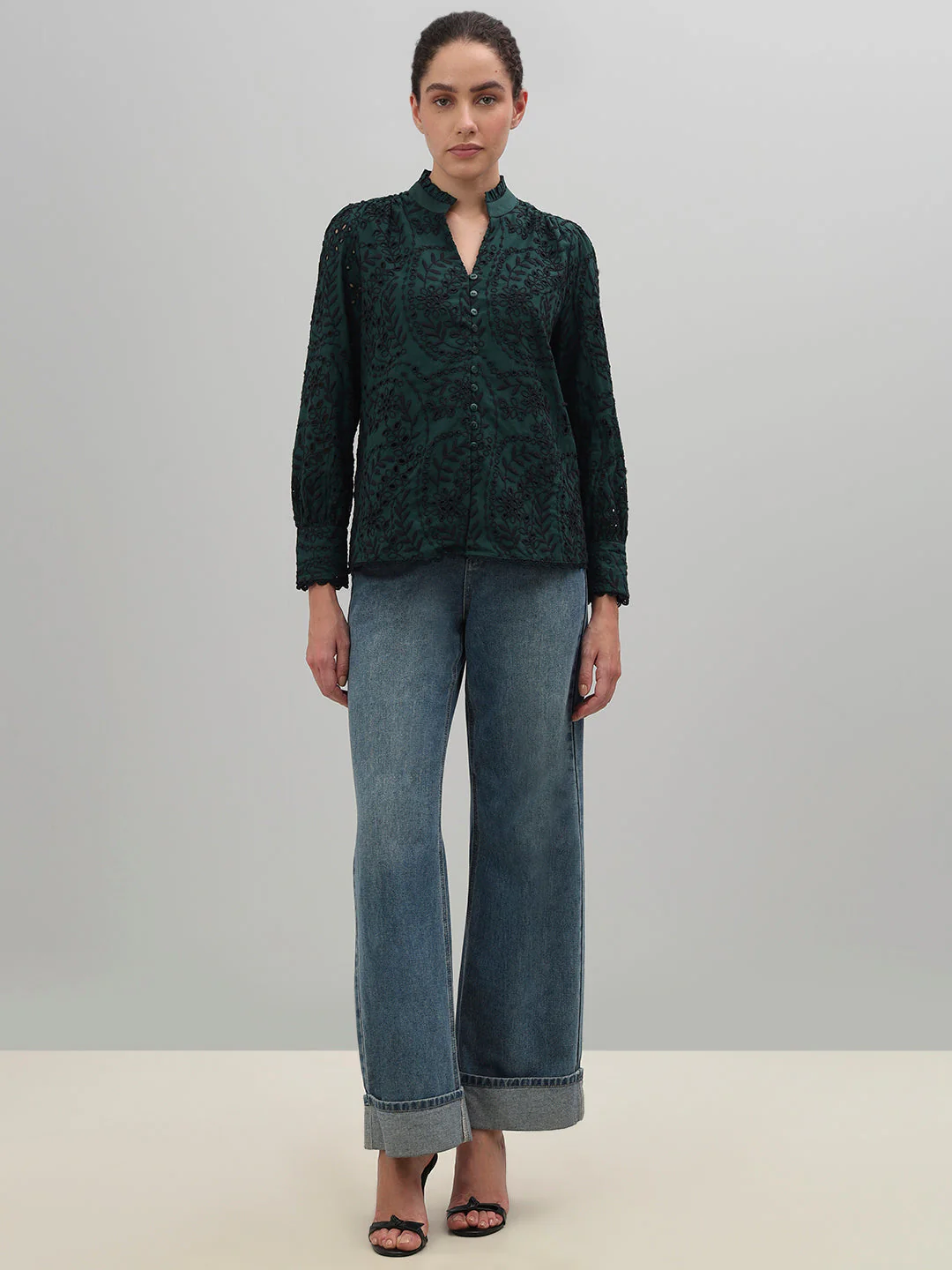 Dark Green Lace Cotton Shirt - Image 5