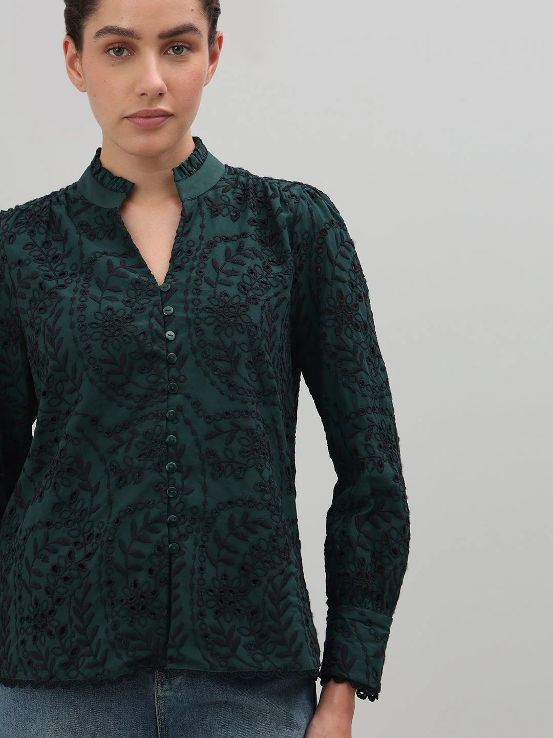 Dark Green Lace Cotton Shirt - Image 6