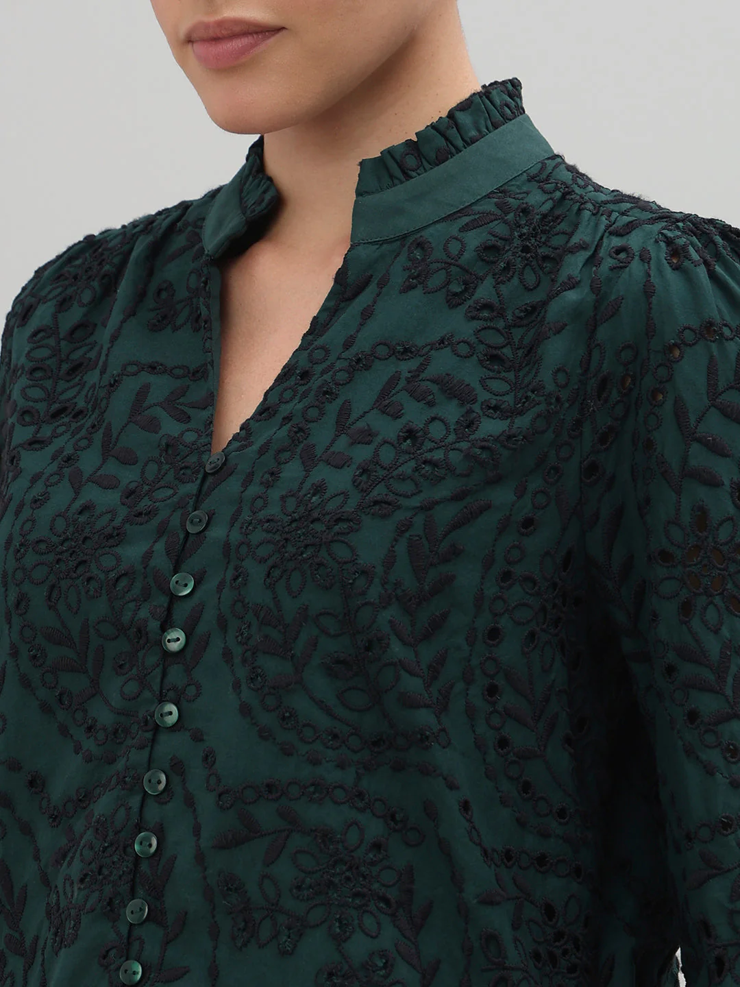 Dark Green Lace Cotton Shirt - Image 8