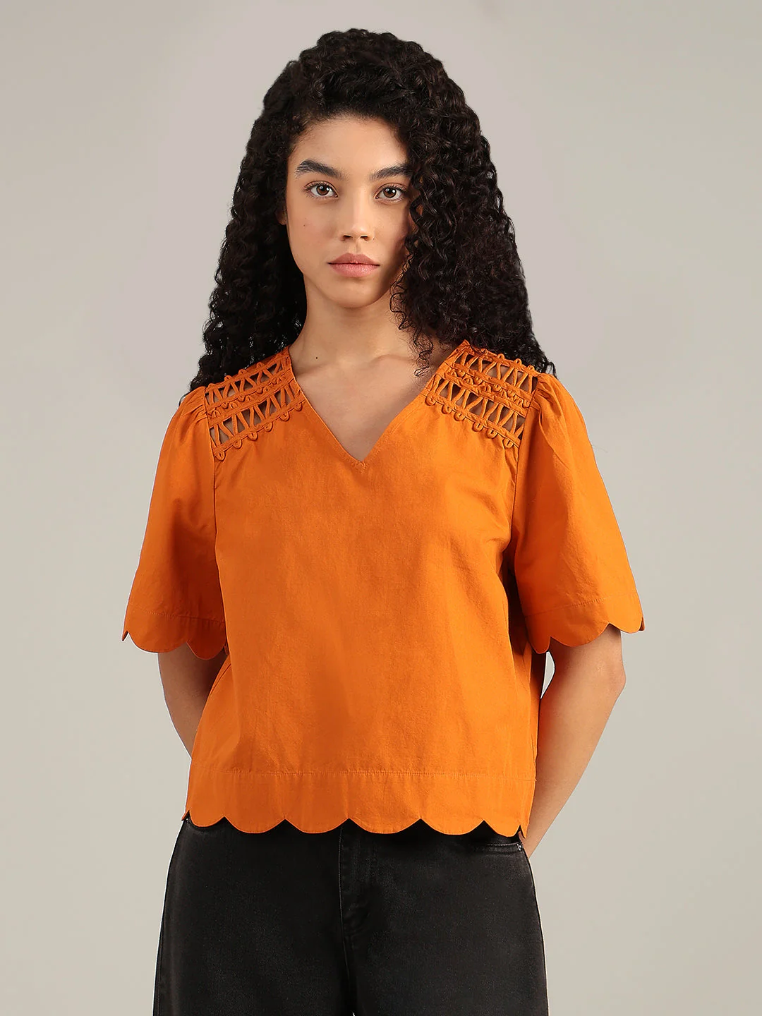 Orange V-Neck Cotton Top - Image 2
