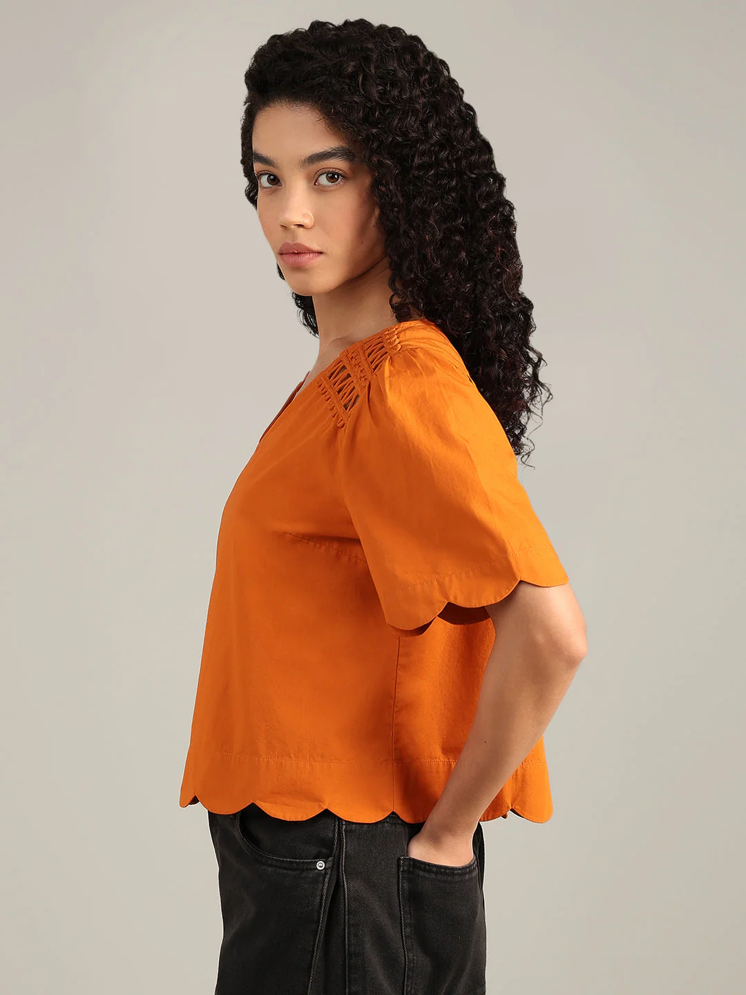Orange V-Neck Cotton Top - Image 3