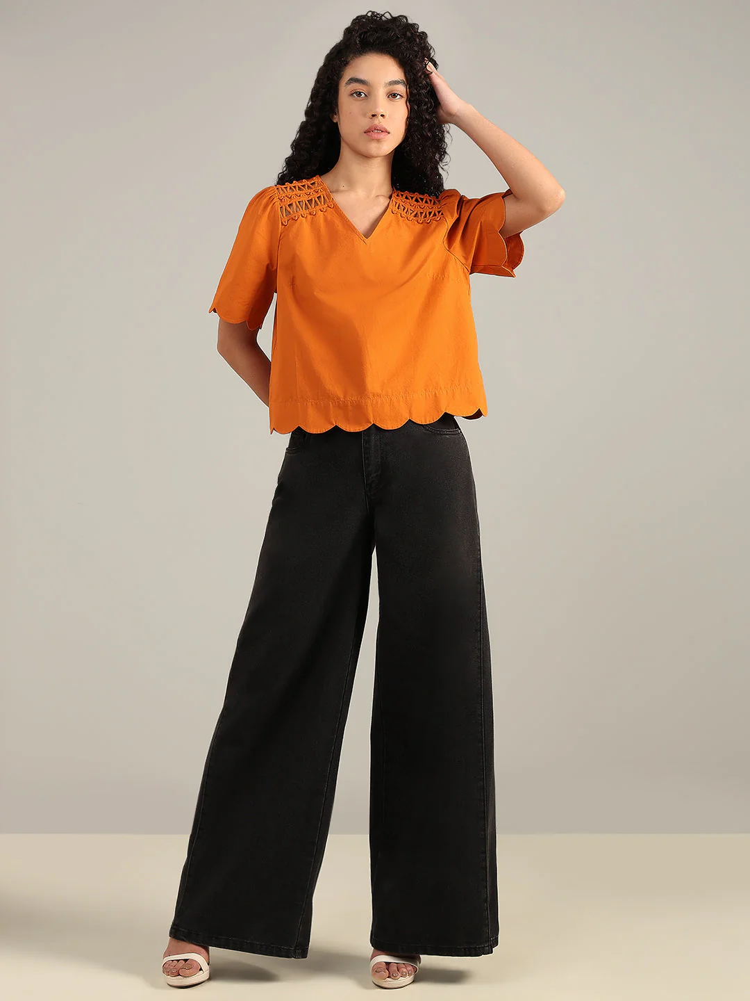 Orange V-Neck Cotton Top - Image 5