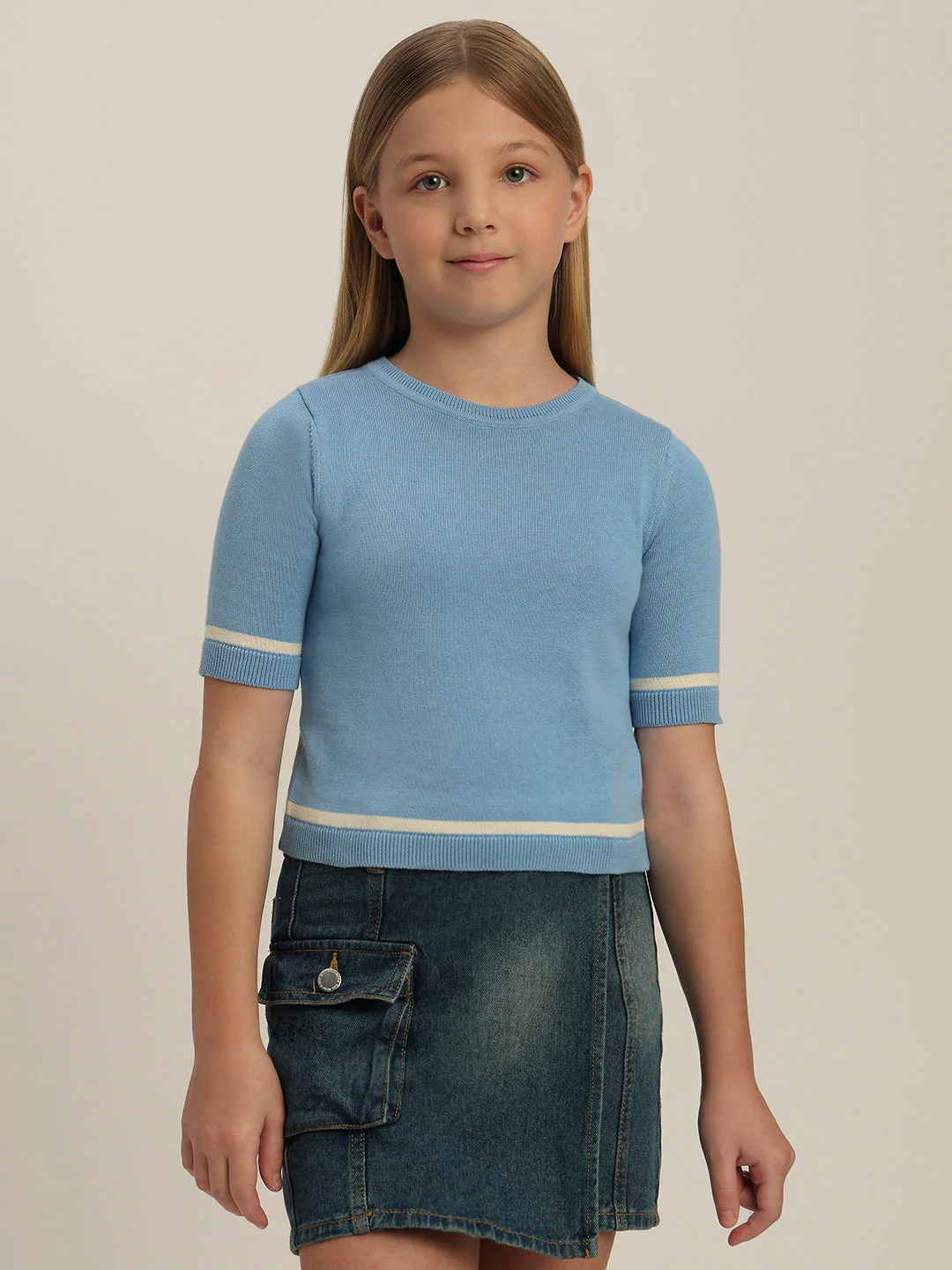 Girls Blue Short Sleeves Knit Top - Image 2