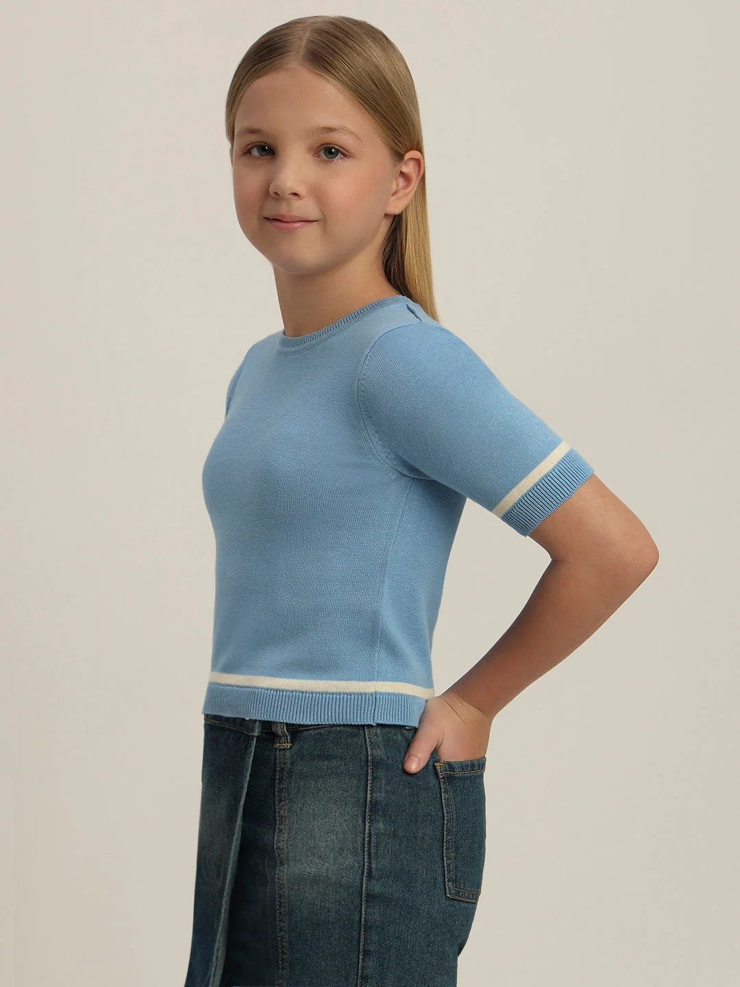 Girls Blue Short Sleeves Knit Top - Image 3