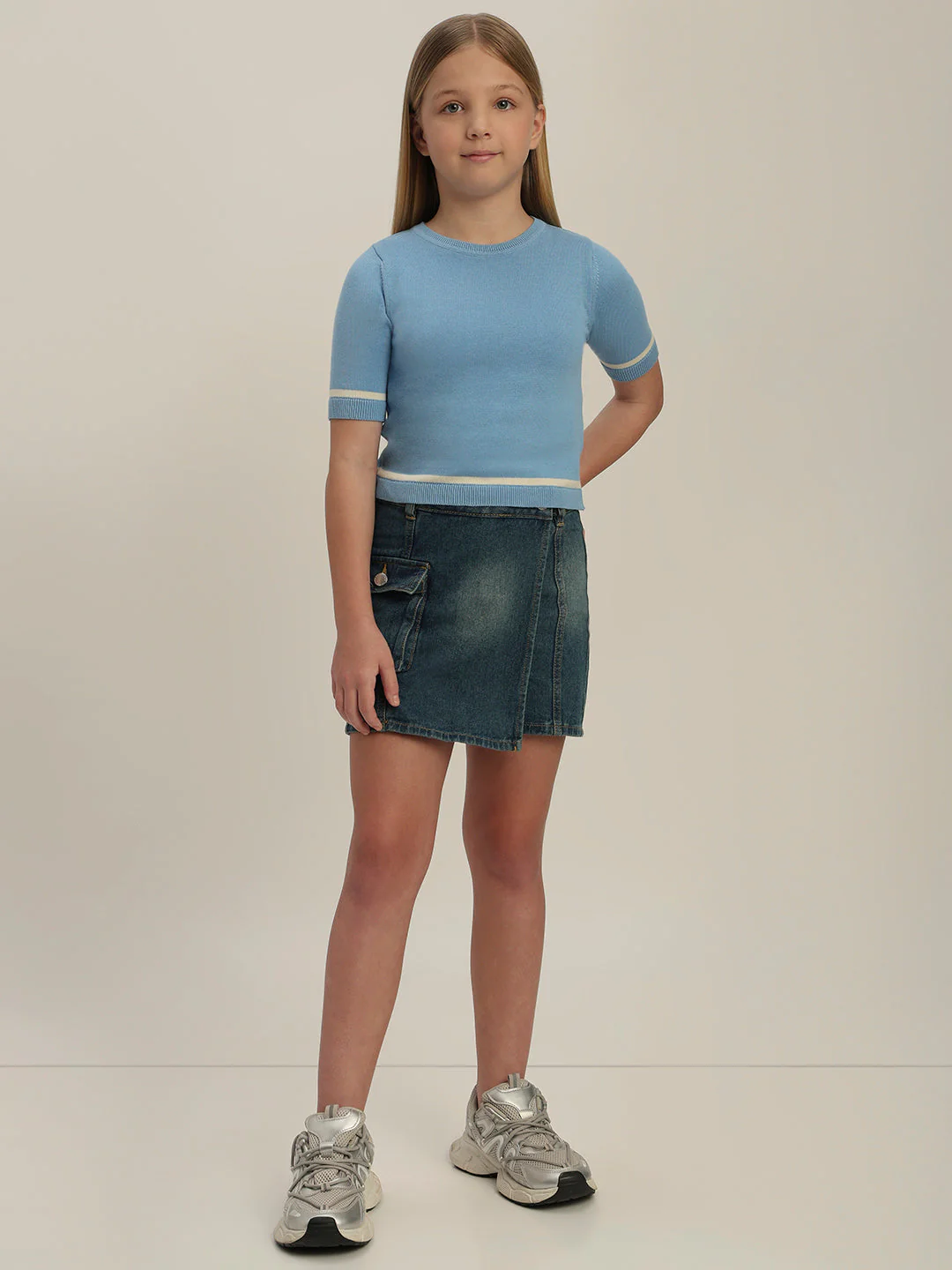 Girls Blue Short Sleeves Knit Top - Image 5
