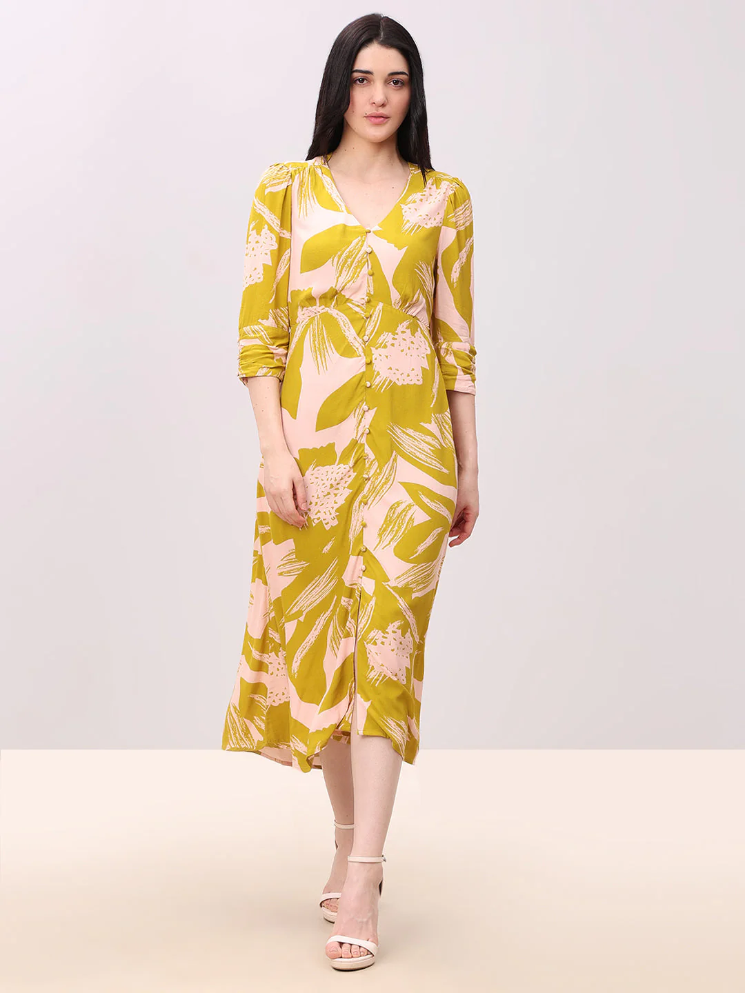 Abstract Print V-Neck Midi Dress - Image 2
