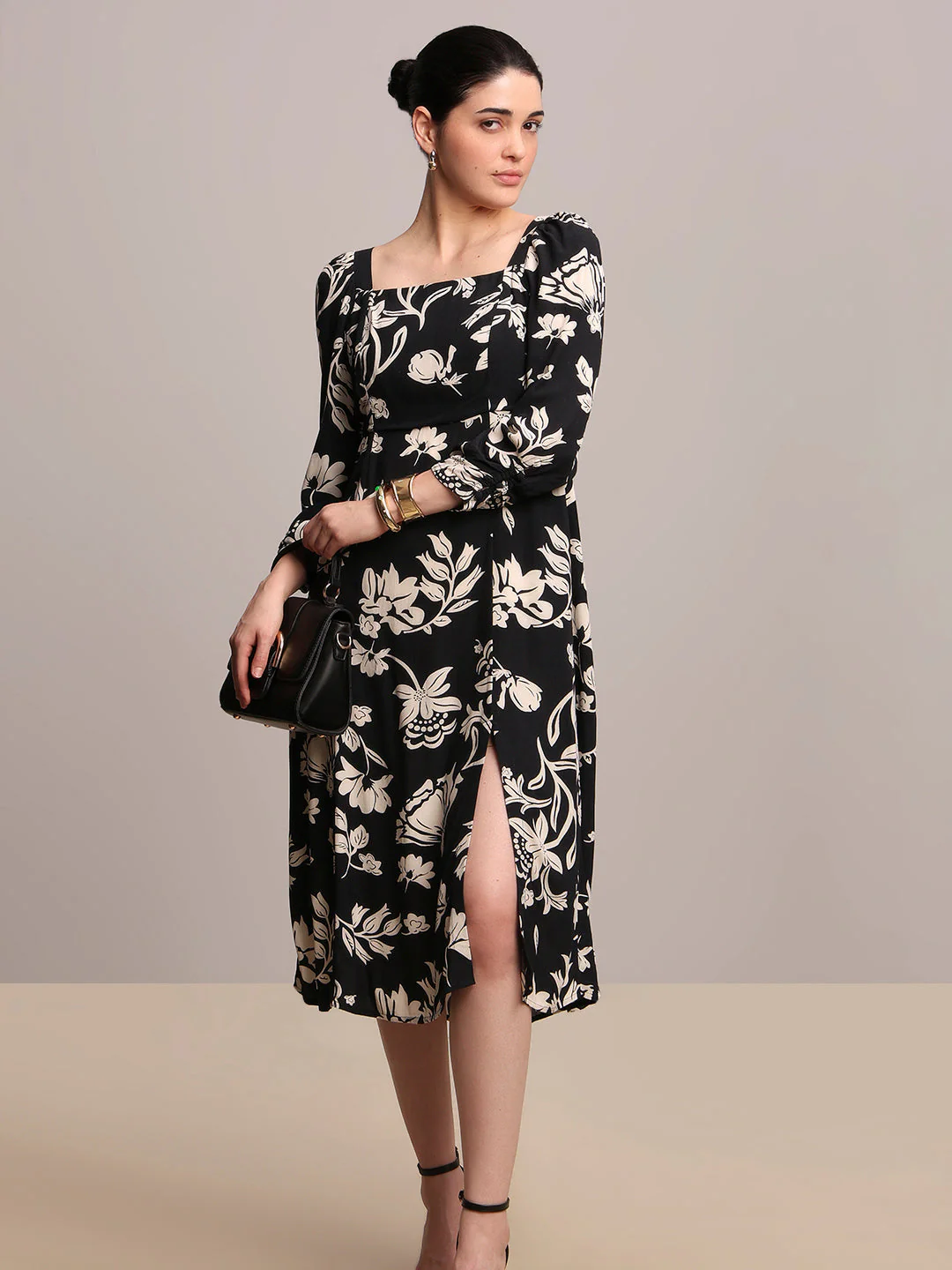 Black Printed Viscose Midi Dress