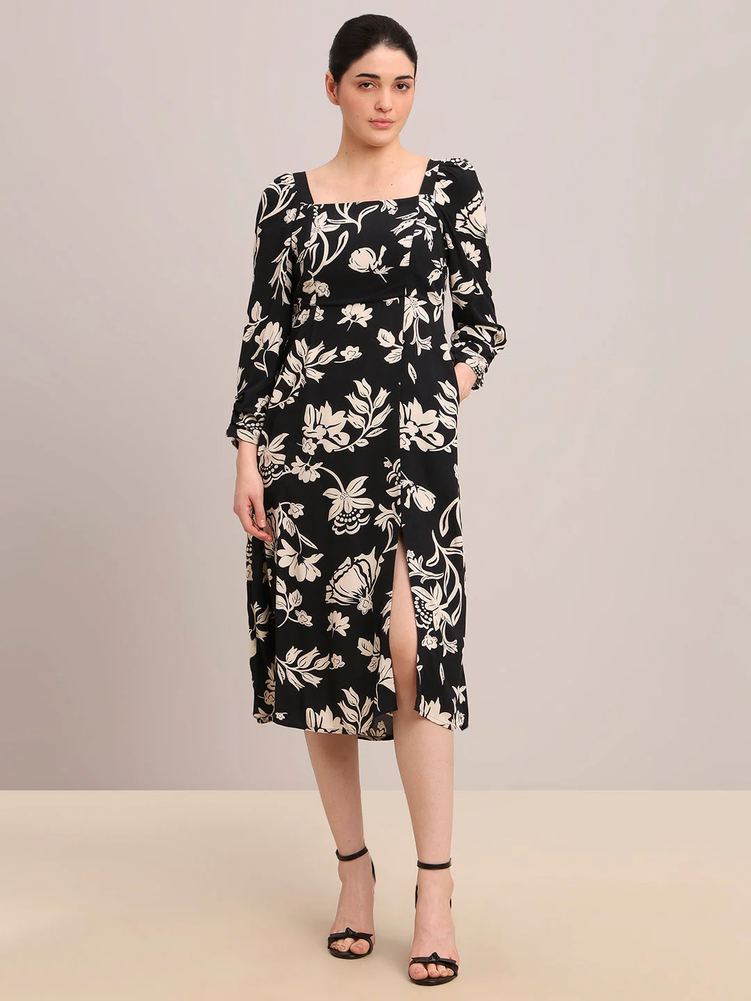 Black Printed Viscose Midi Dress - Image 2