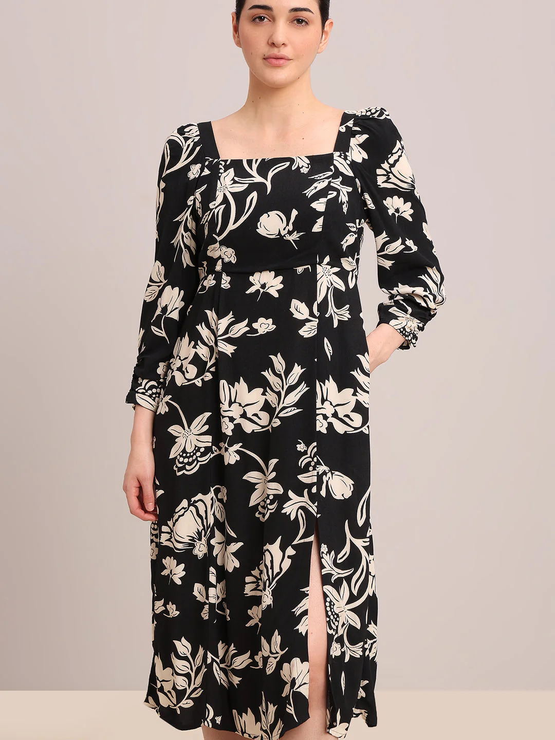 Black Printed Viscose Midi Dress - Image 5