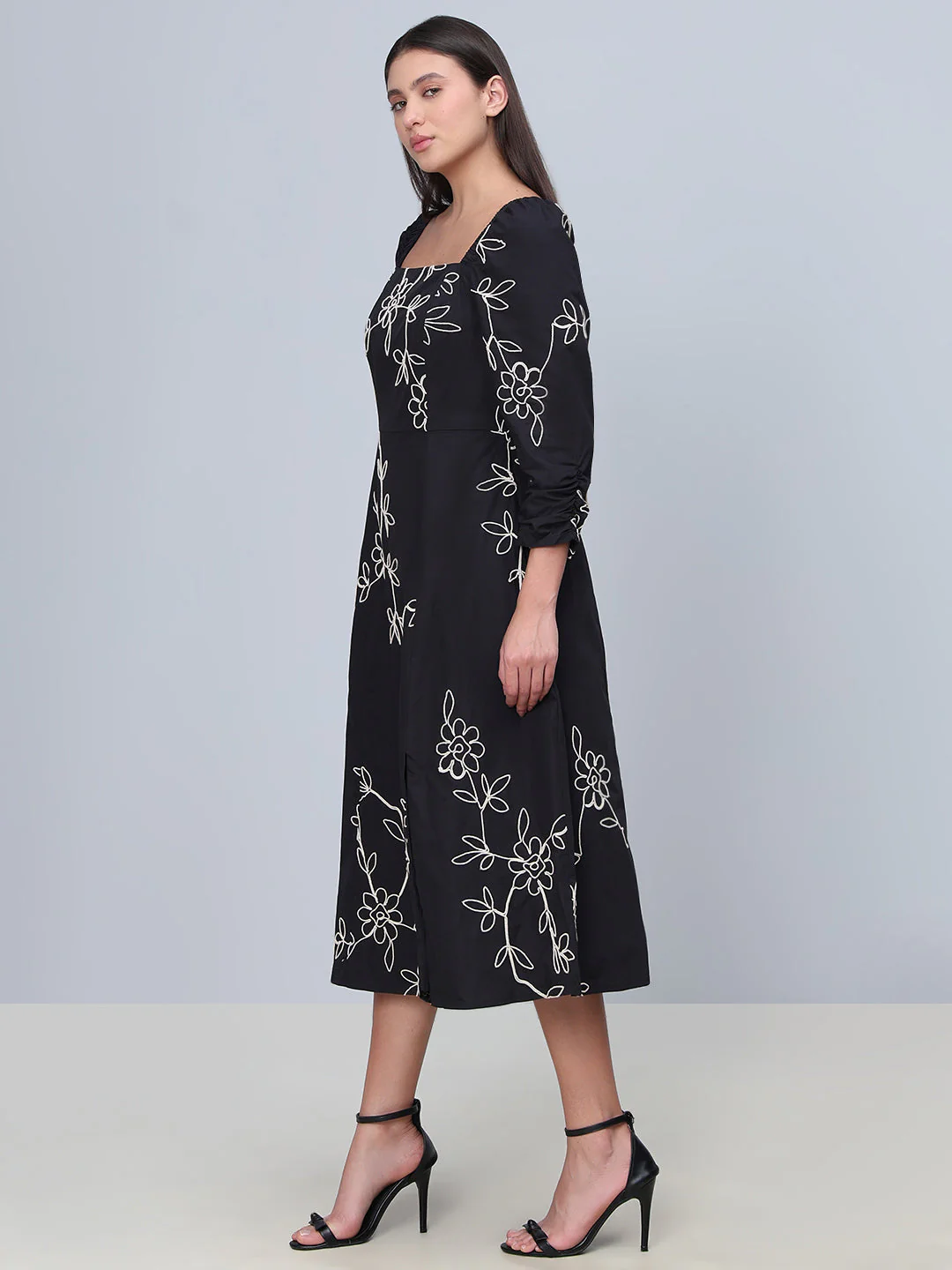 Black Embroidered Cotton Midi Dress - Image 2