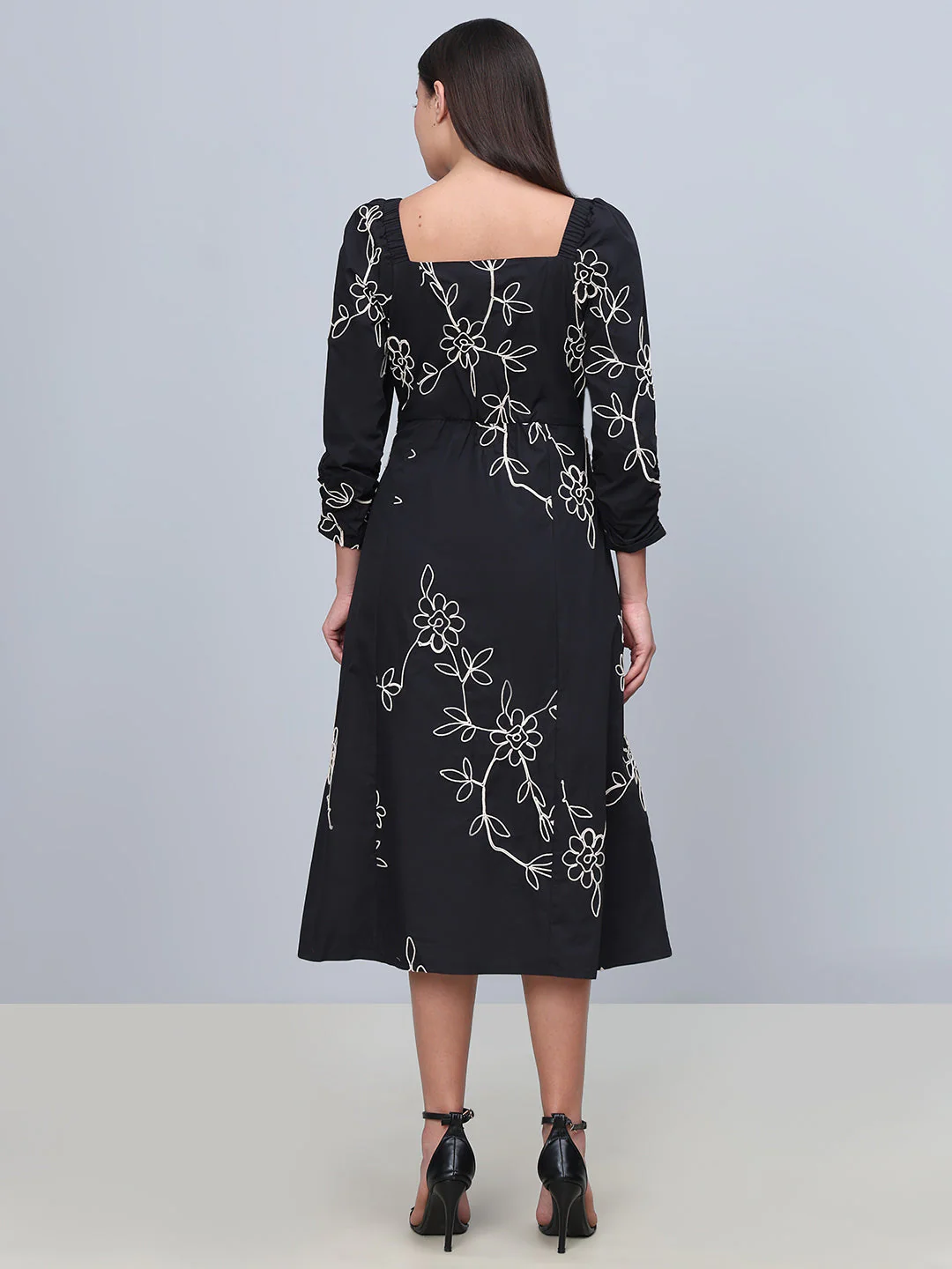 Black Embroidered Cotton Midi Dress - Image 3