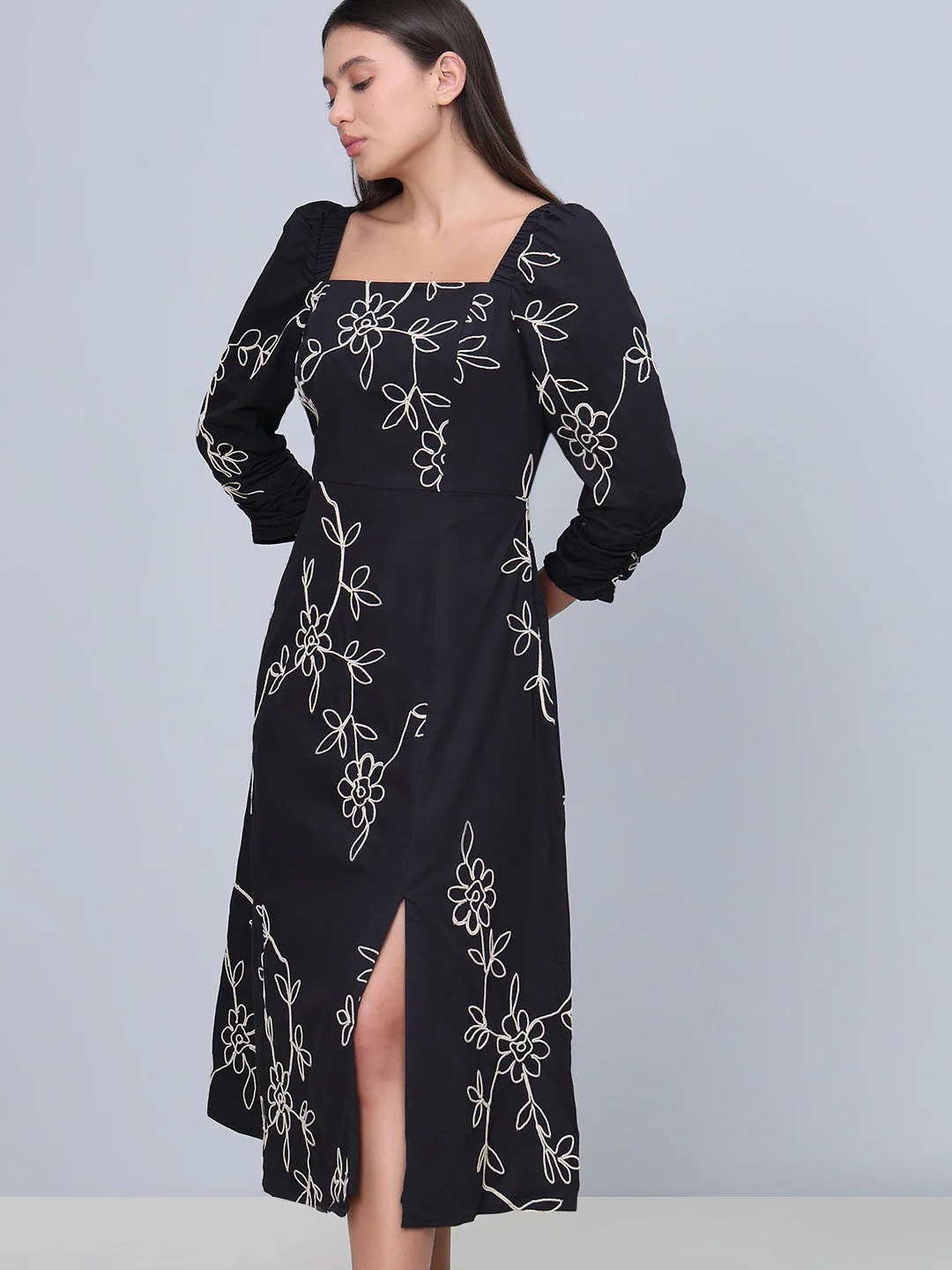 Black Embroidered Cotton Midi Dress - Image 4