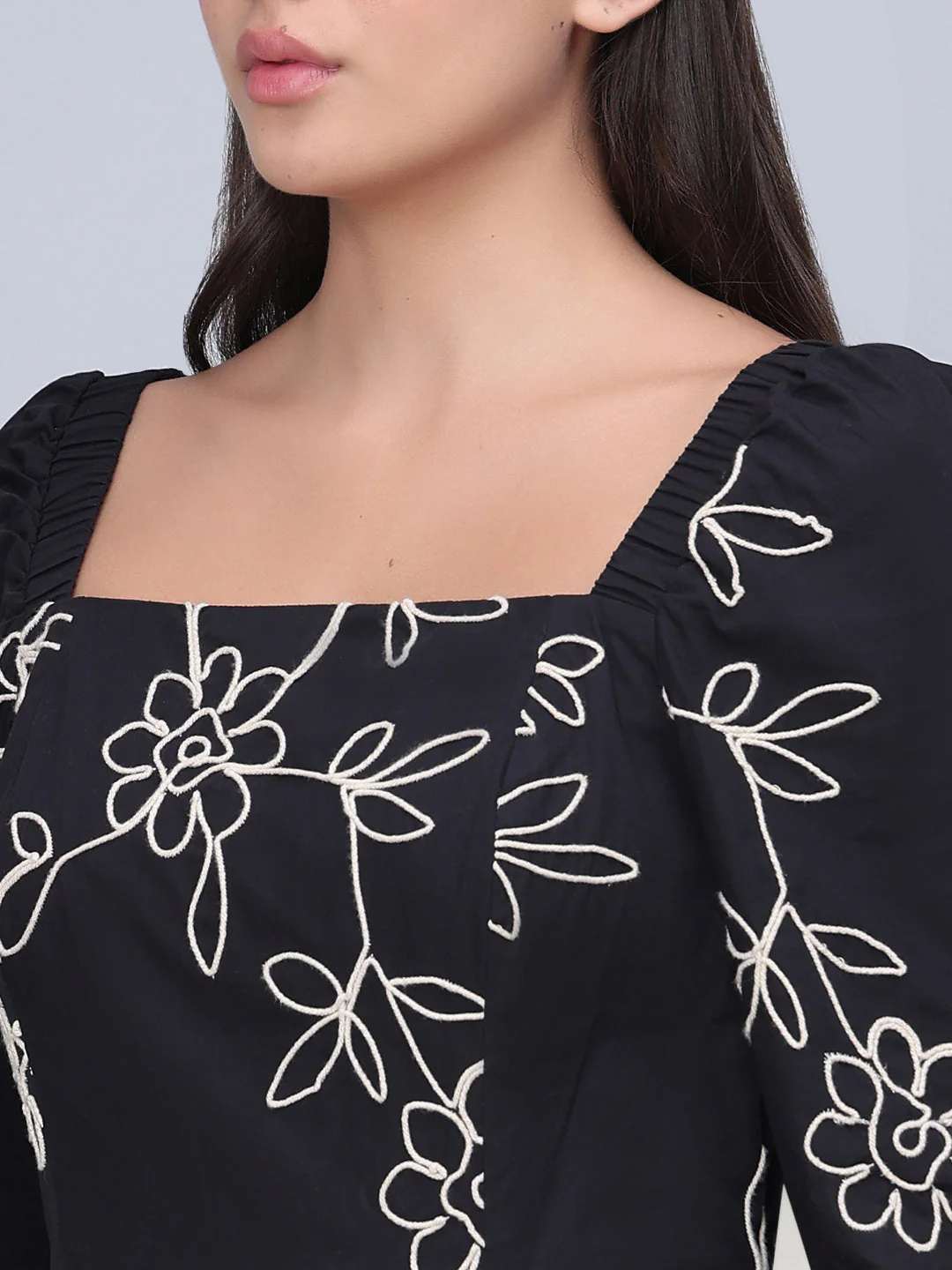 Black Embroidered Cotton Midi Dress - Image 5