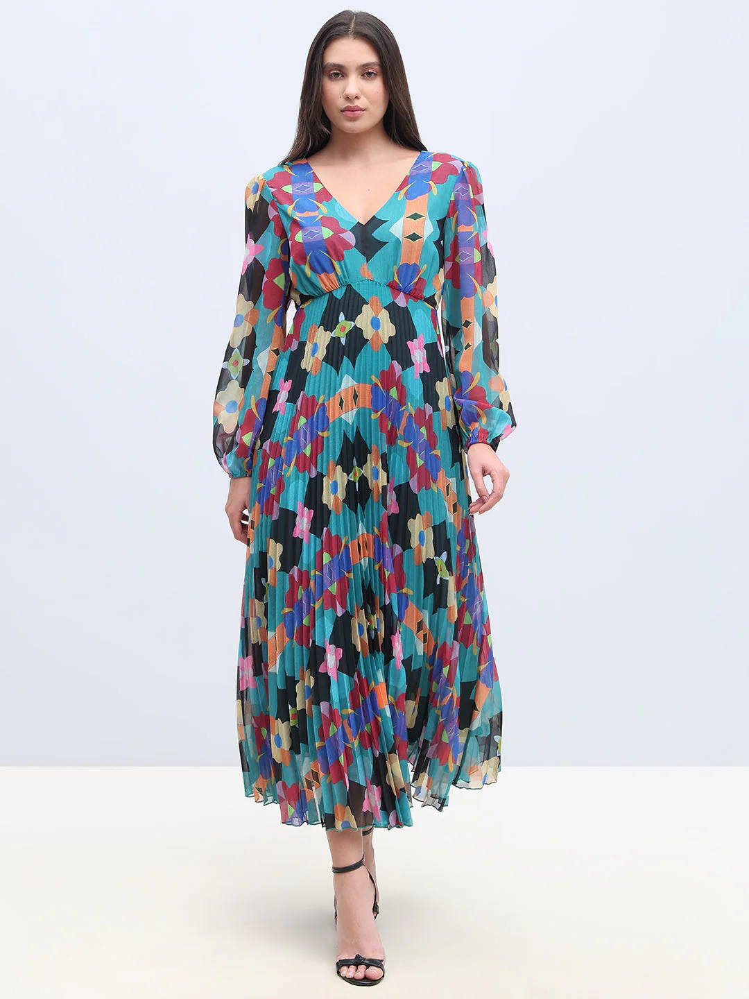 Multi-Colour Printed Pleated Dress - Image 2