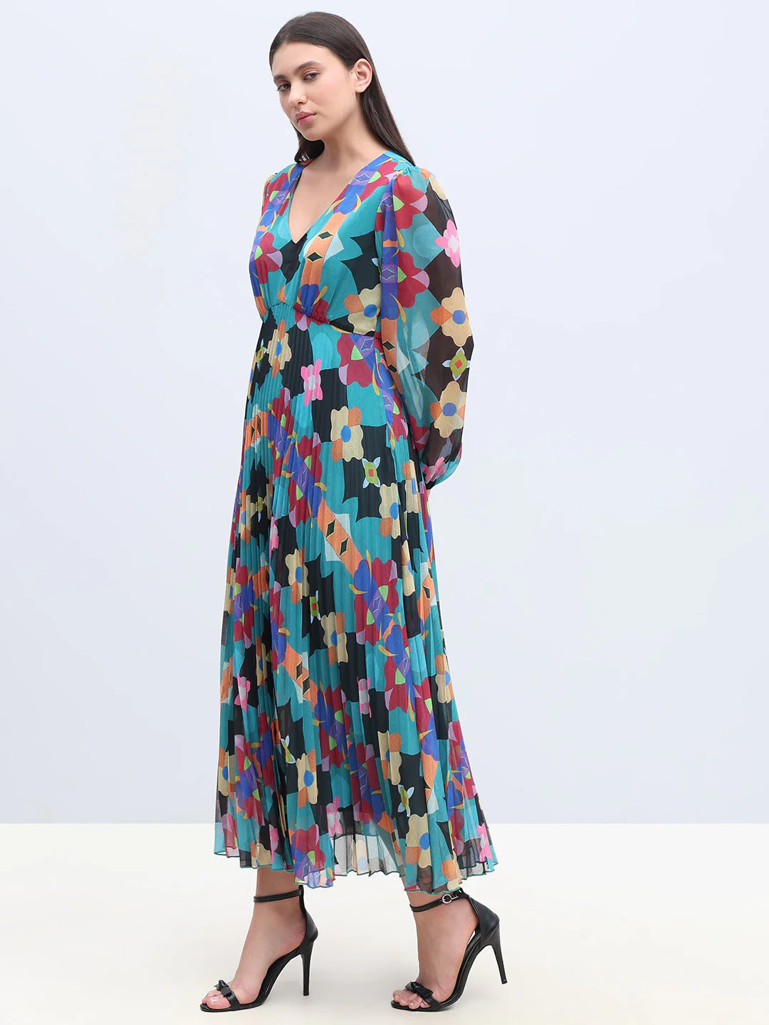 Multi-Colour Printed Pleated Dress - Image 3