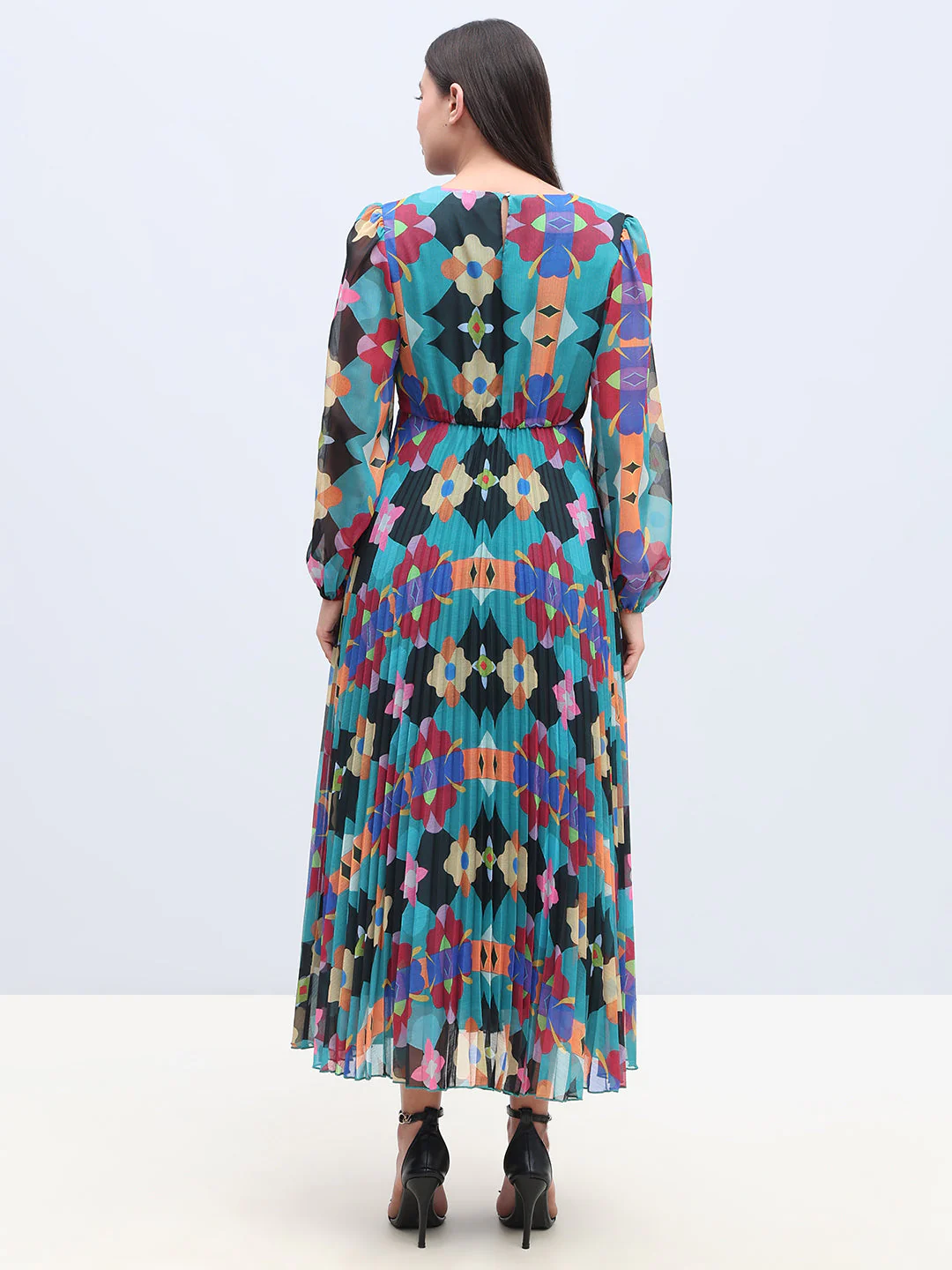 Multi-Colour Printed Pleated Dress - Image 4