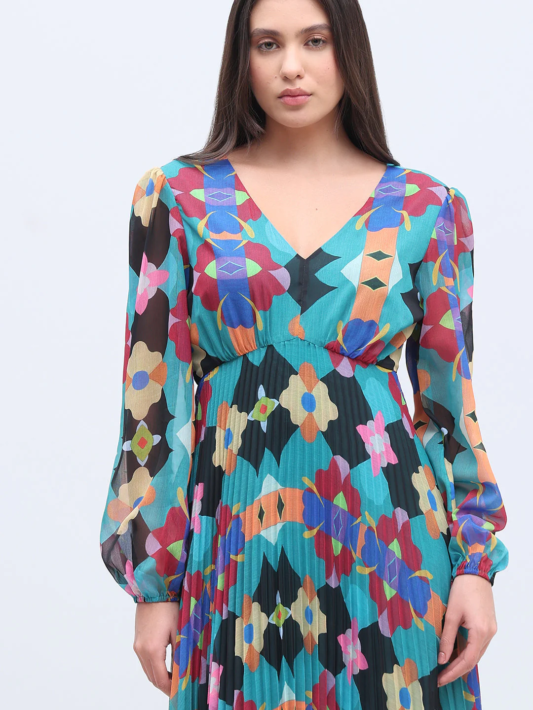 Multi-Colour Printed Pleated Dress - Image 5