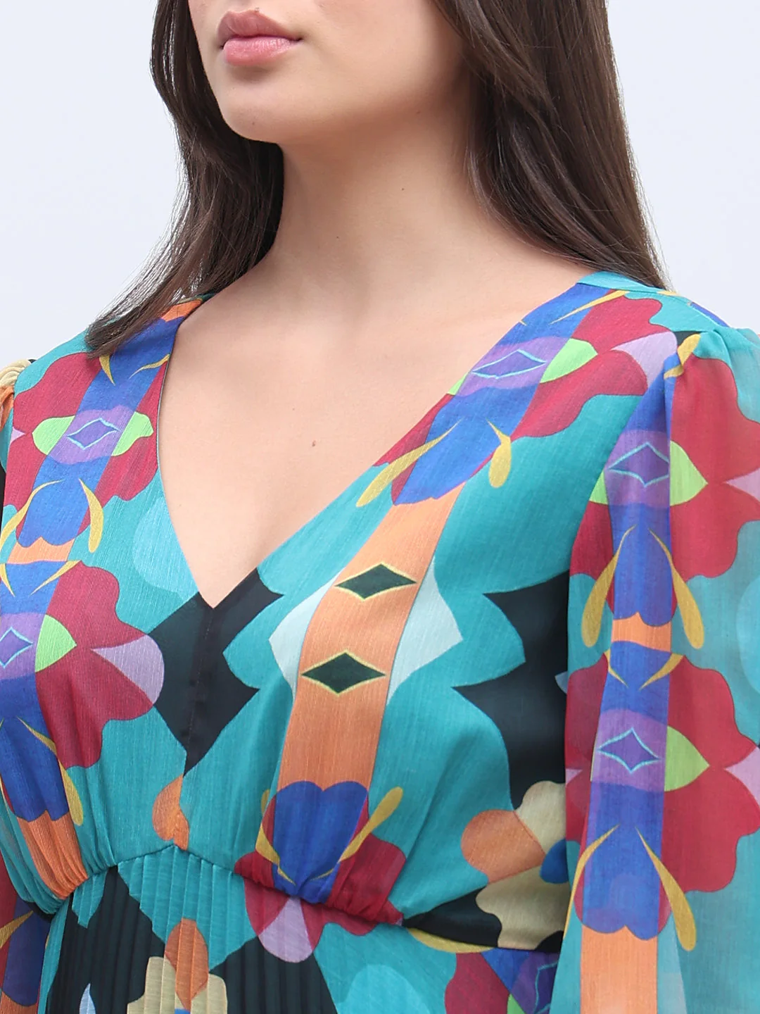 Multi-Colour Printed Pleated Dress - Image 6