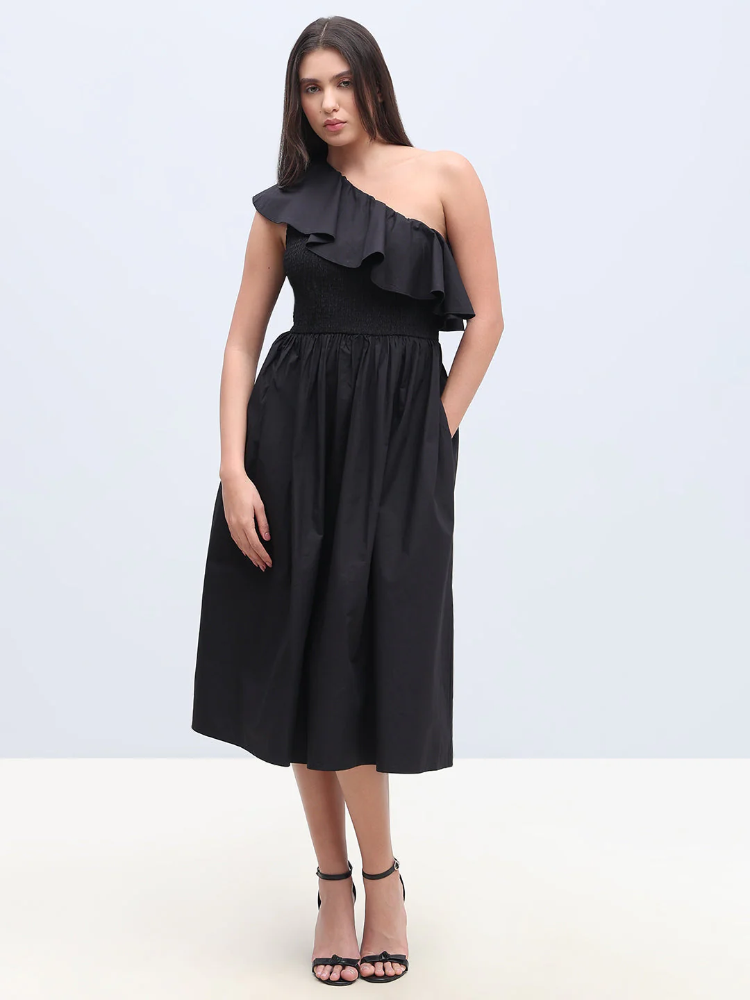 Black Smocked One Shoulder Dress - Image 2