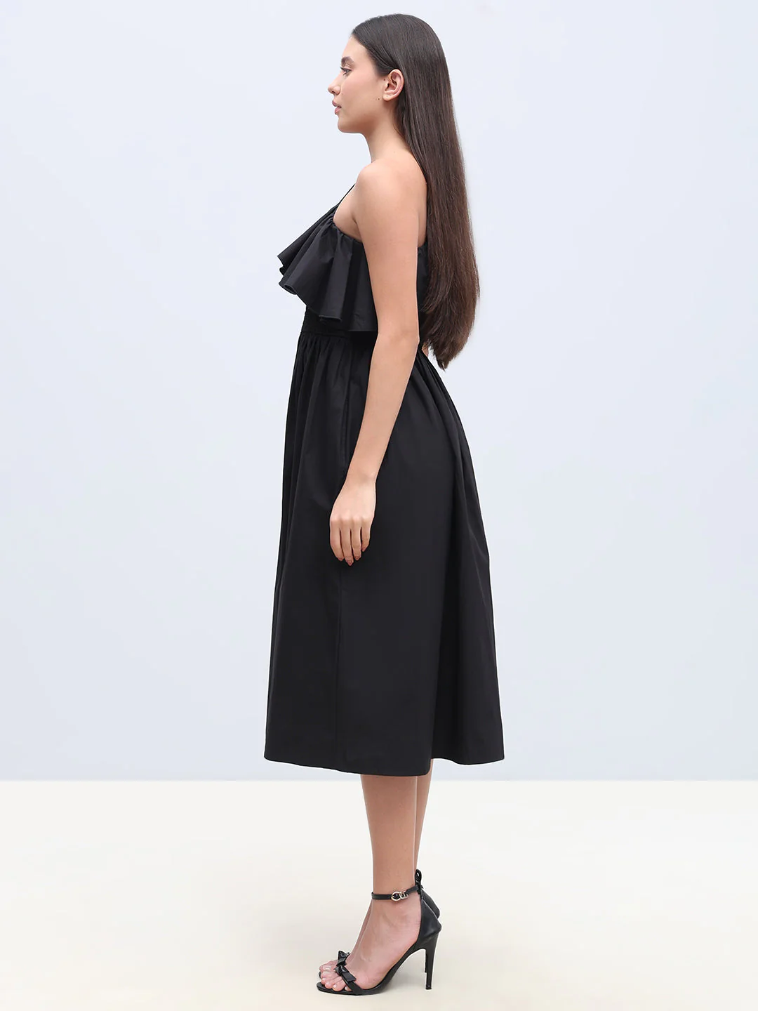 Black Smocked One Shoulder Dress - Image 3