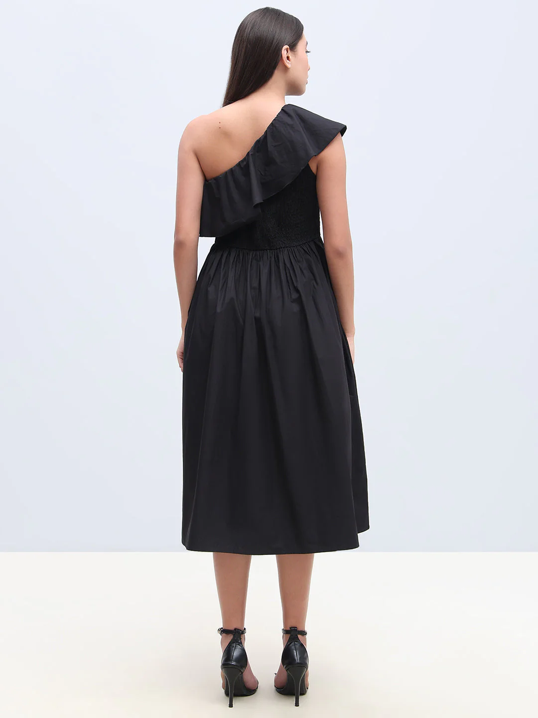 Black Smocked One Shoulder Dress - Image 4